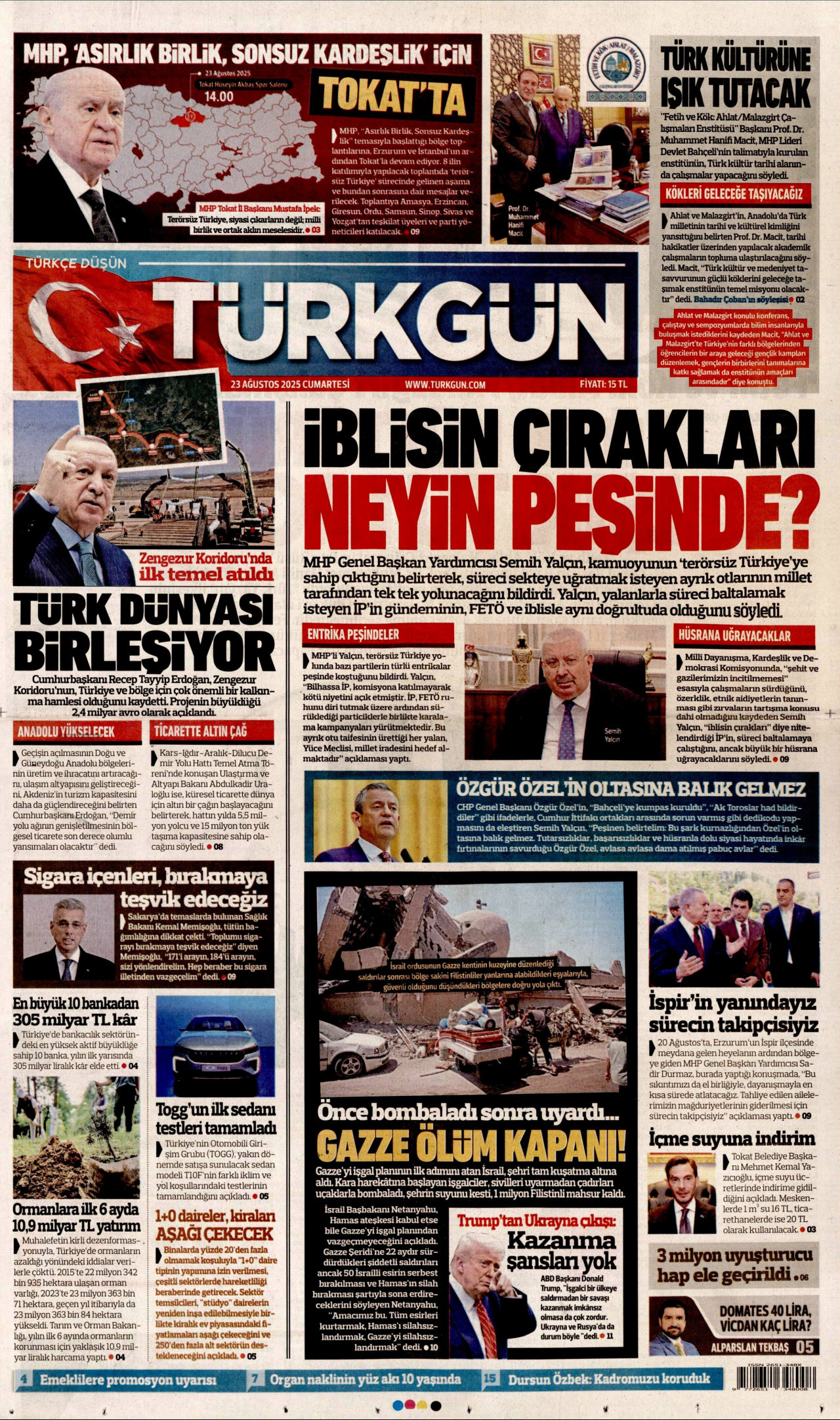 TÜRKGÜN gazetesinin 23 Ağustos 2025 tarihli birinci sayfası