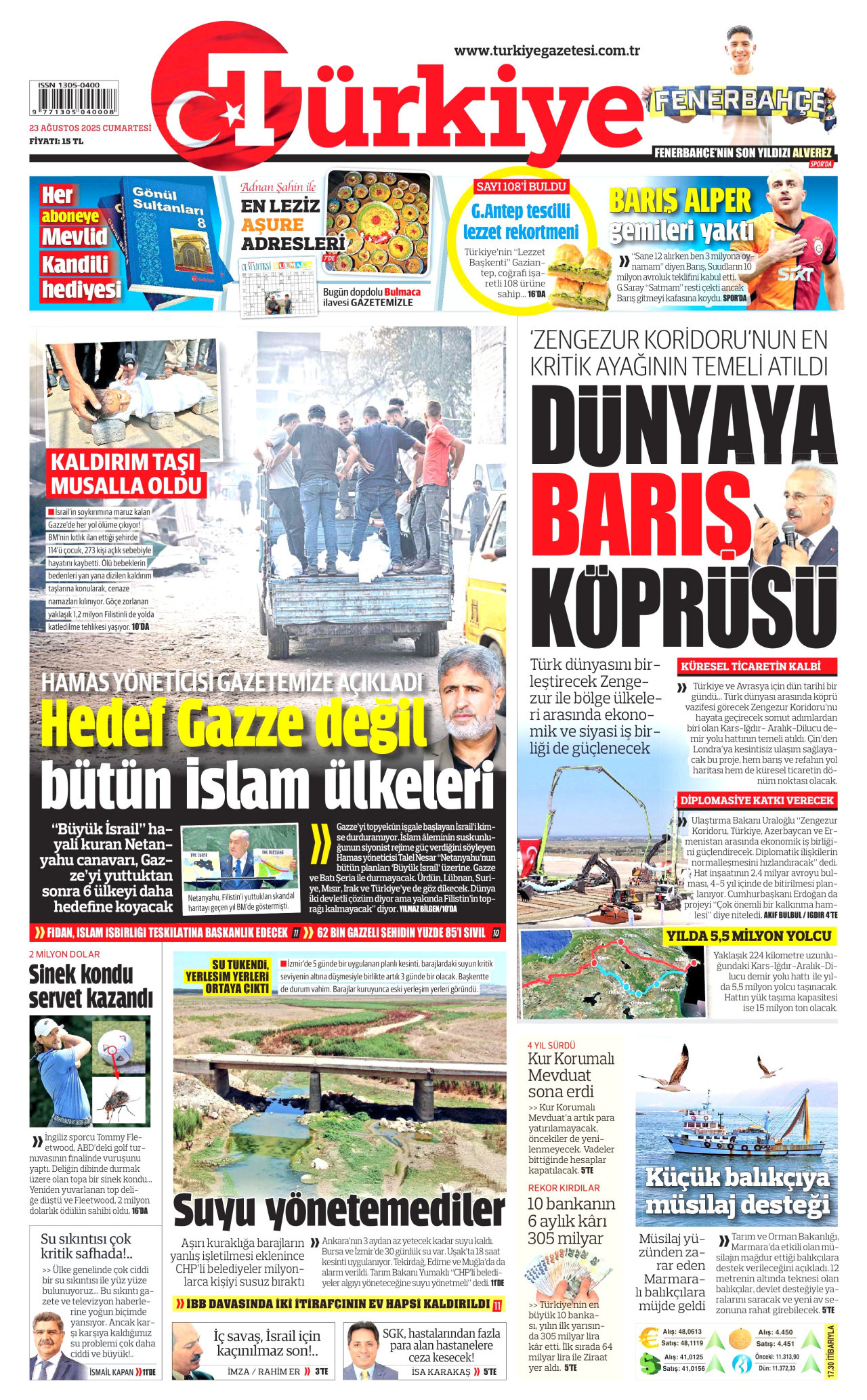TÜRKİYE GAZETESİ gazetesinin 23 Ağustos 2025 tarihli birinci sayfası