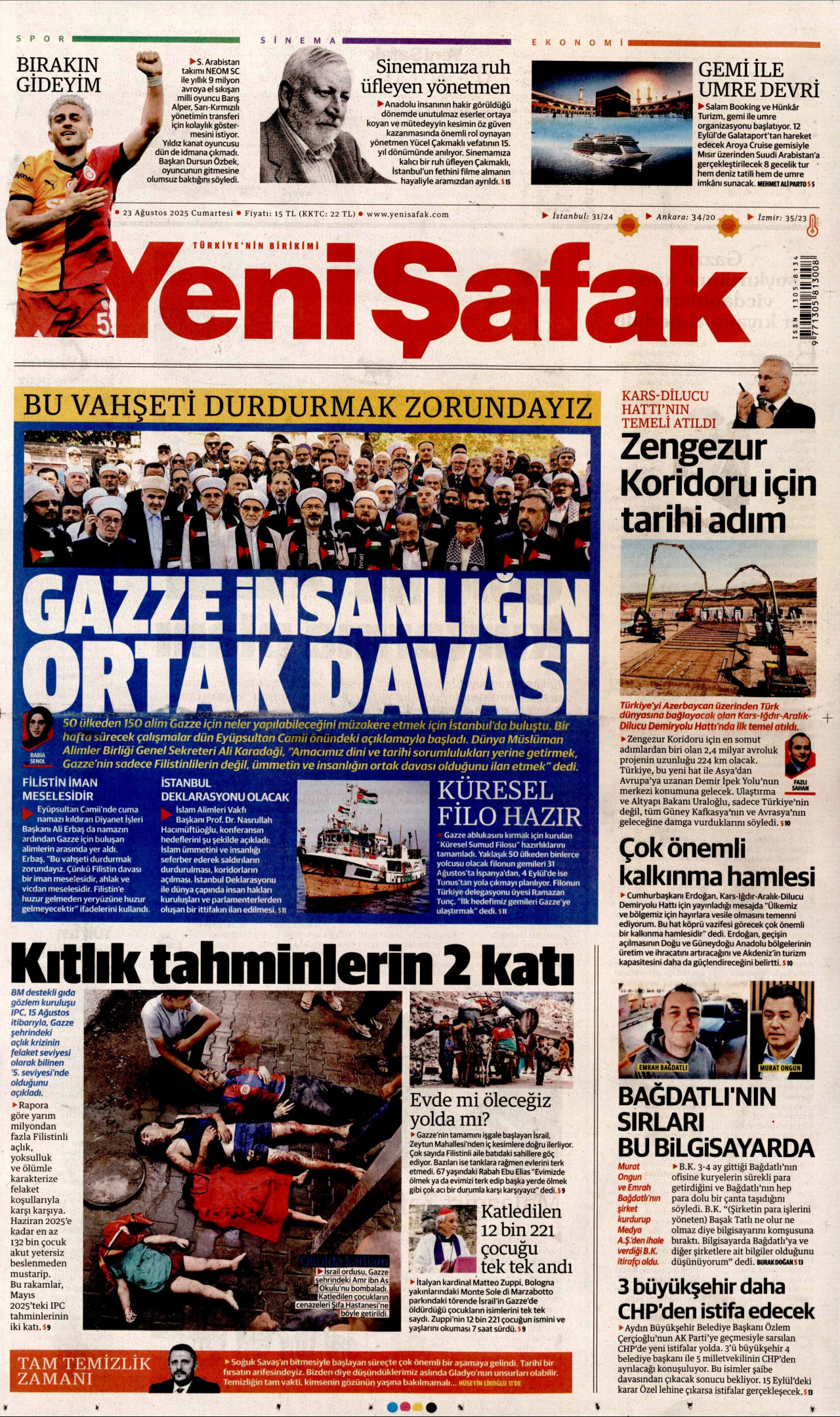 YENİ ŞAFAK gazetesinin 23 Ağustos 2025 tarihli birinci sayfası