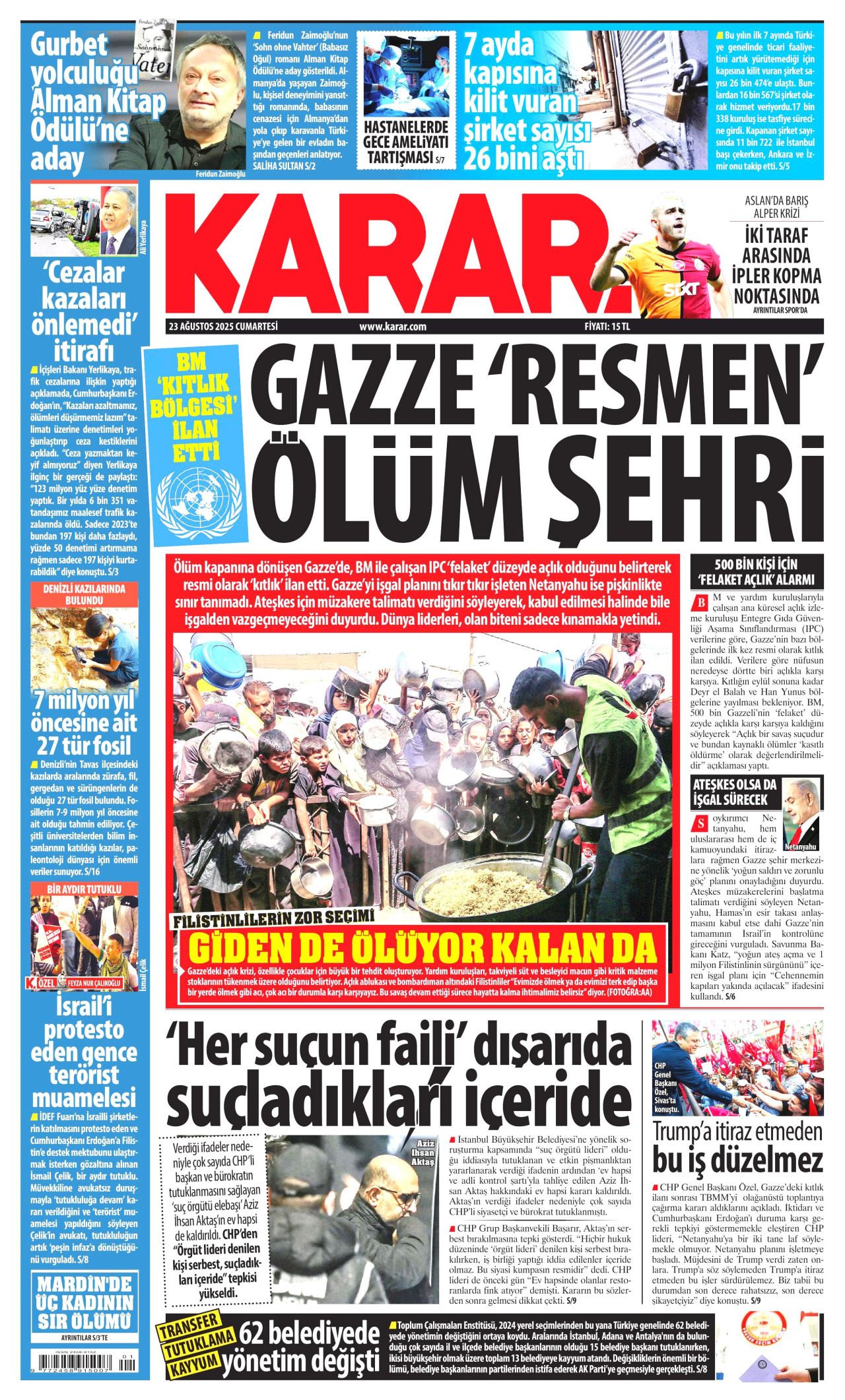 KARAR gazetesinin 23 Ağustos 2025 tarihli birinci sayfası
