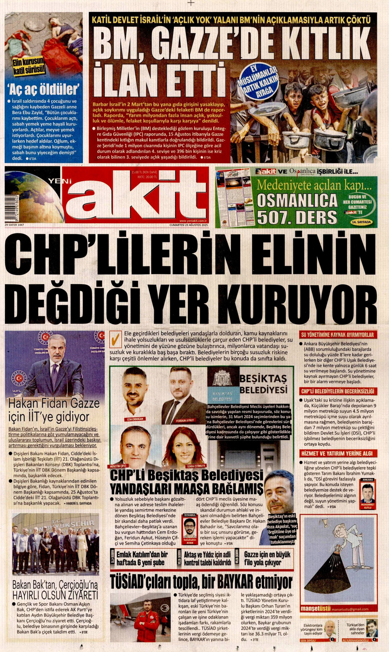 YENİ AKİT gazetesinin 23 Ağustos 2025 tarihli birinci sayfası