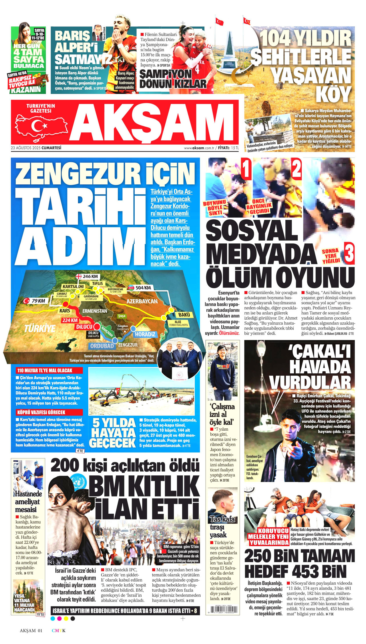 AKŞAM gazetesinin 23 Ağustos 2025 tarihli birinci sayfası