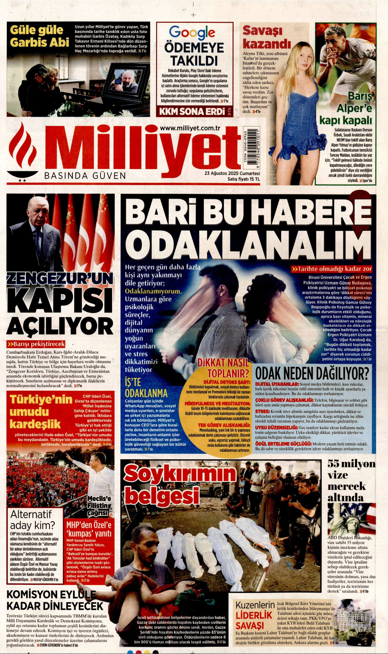 MİLLİYET gazetesinin 23 Ağustos 2025 tarihli birinci sayfası