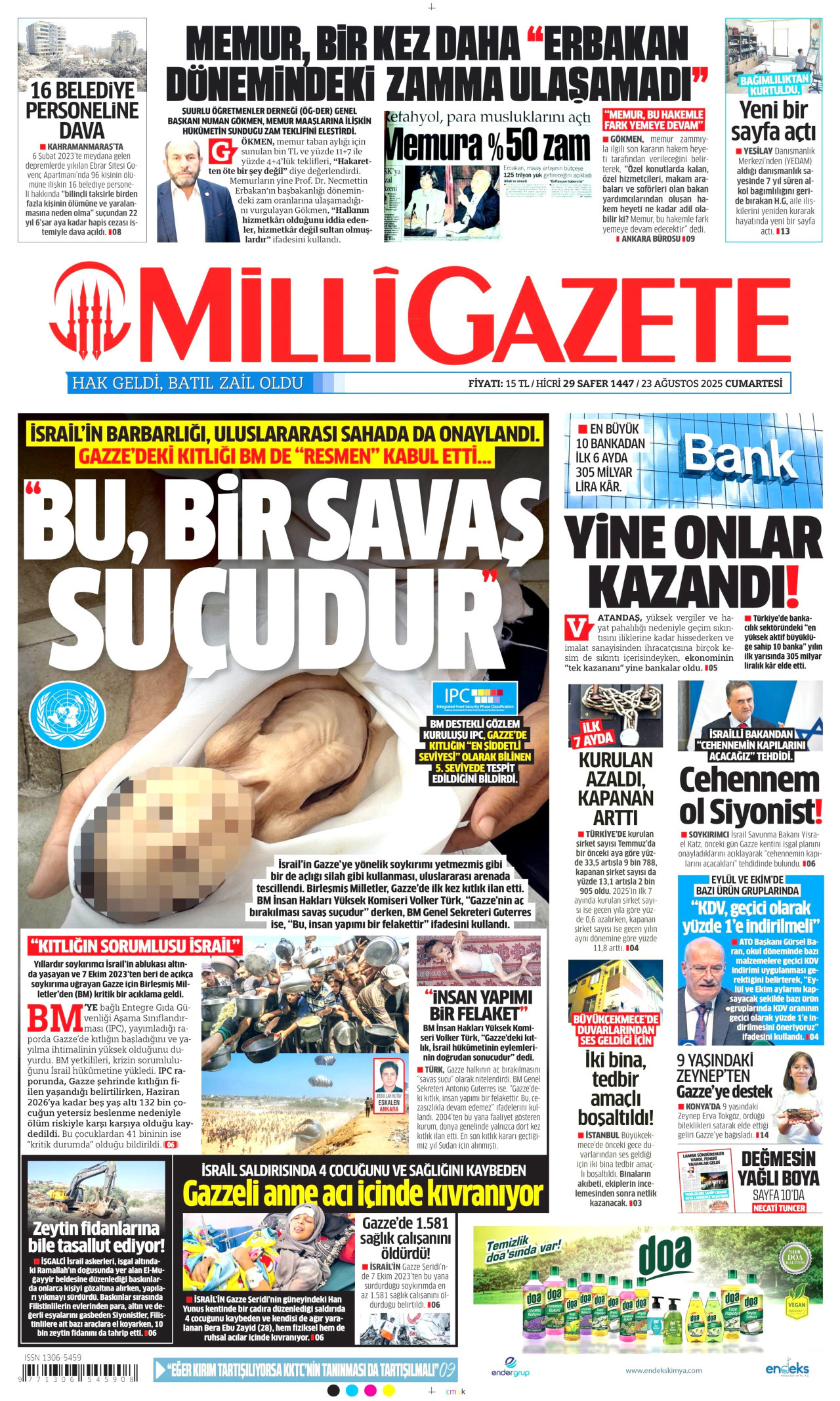 MİLLİ GAZETE gazetesinin 23 Ağustos 2025 tarihli birinci sayfası
