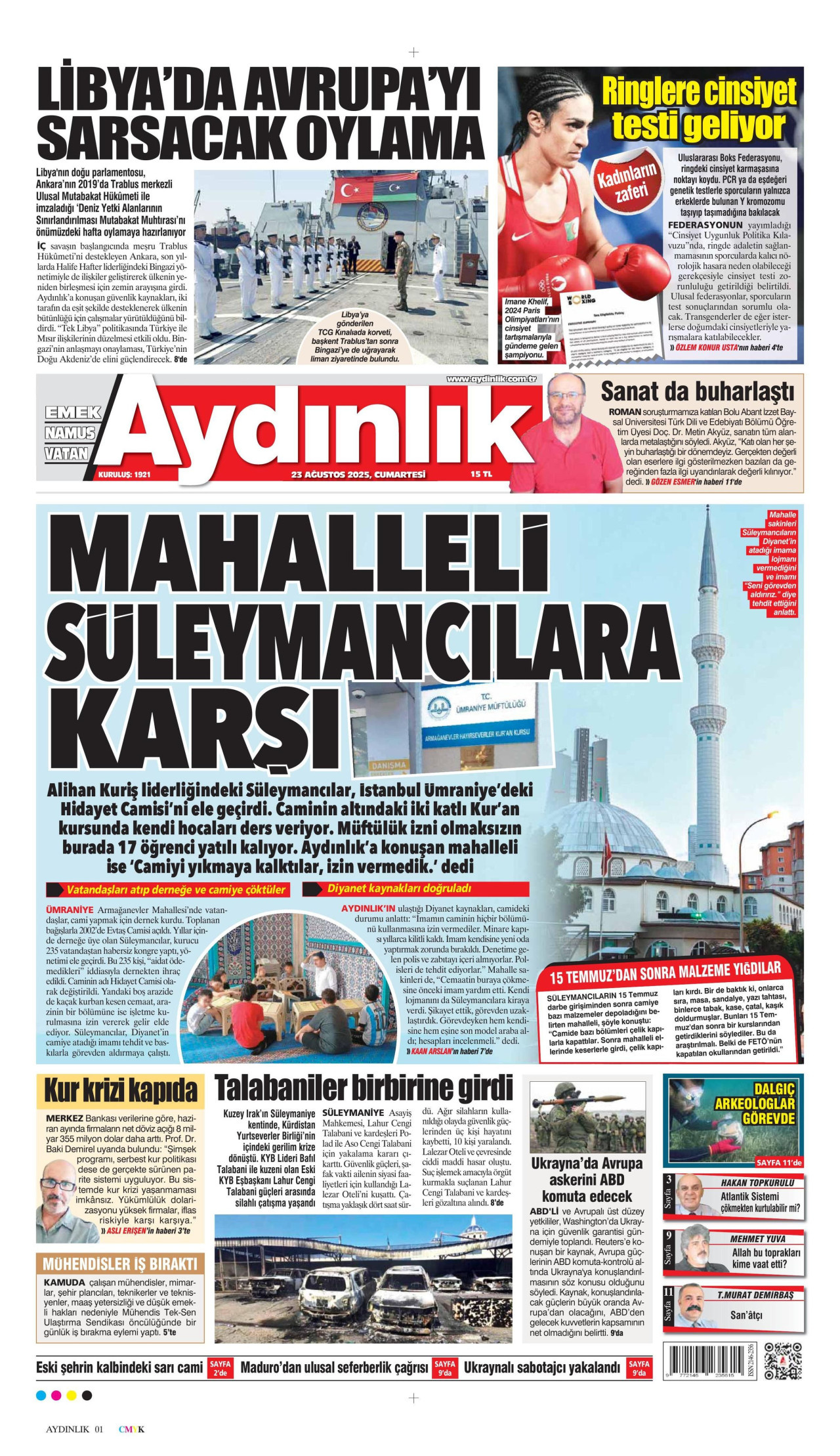 AYDINLIK GAZETESİ gazetesinin 23 Ağustos 2025 tarihli birinci sayfası
