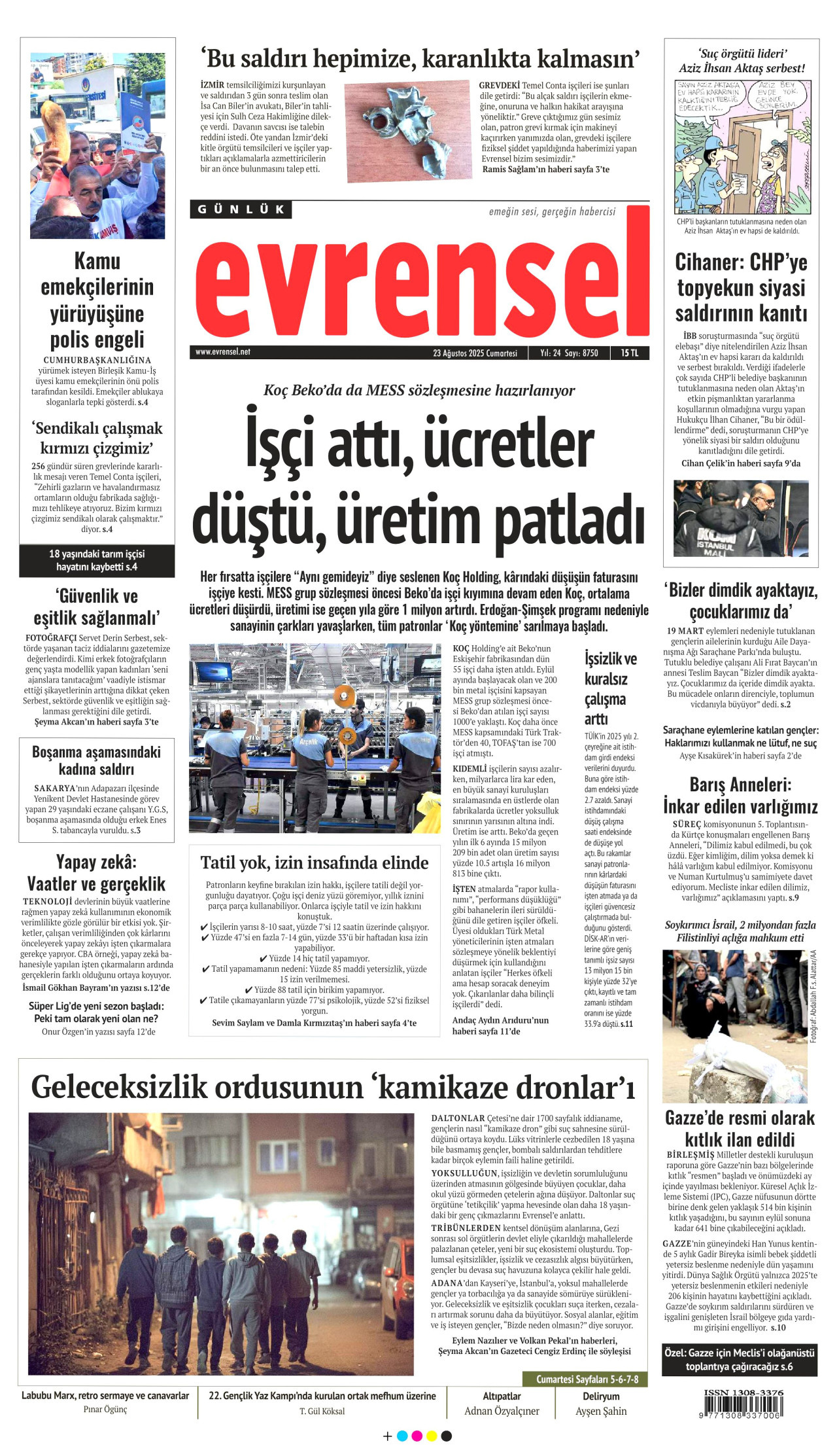 EVRENSEL gazetesinin 23 Ağustos 2025 tarihli birinci sayfası