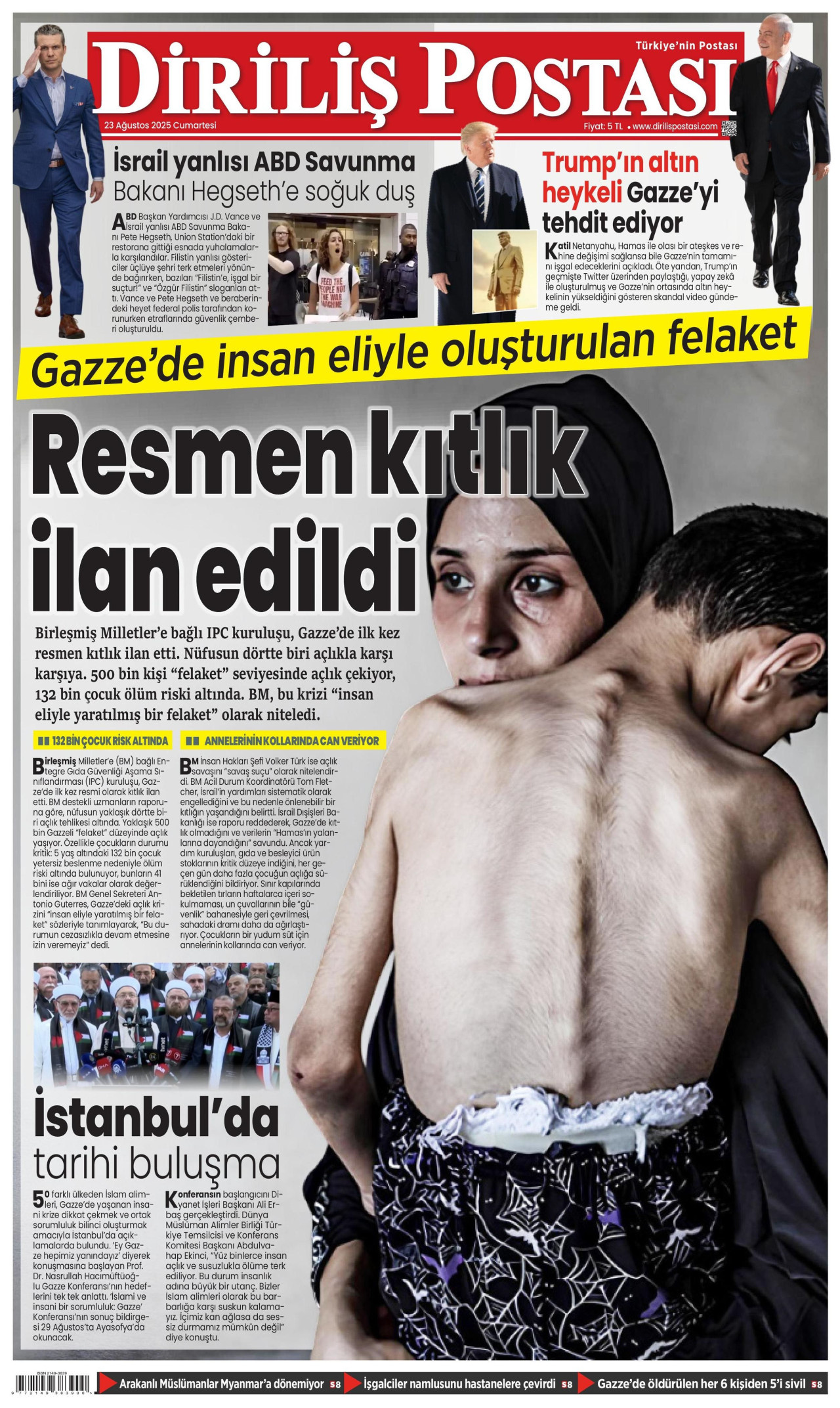 DİRİLİŞ POSTASI gazetesinin 23 Ağustos 2025 tarihli birinci sayfası
