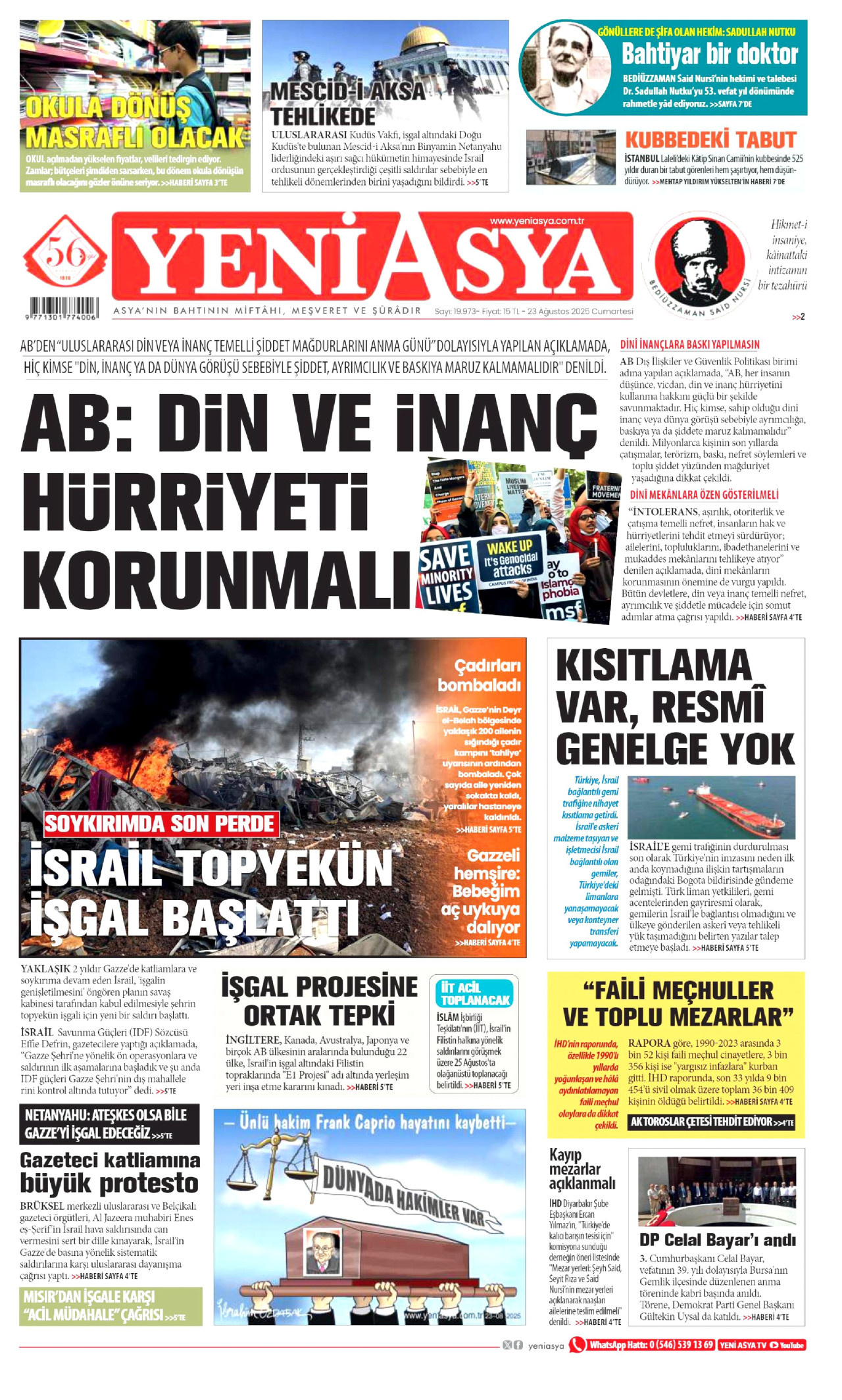 YENİ ASYA gazetesinin 23 Ağustos 2025 tarihli birinci sayfası