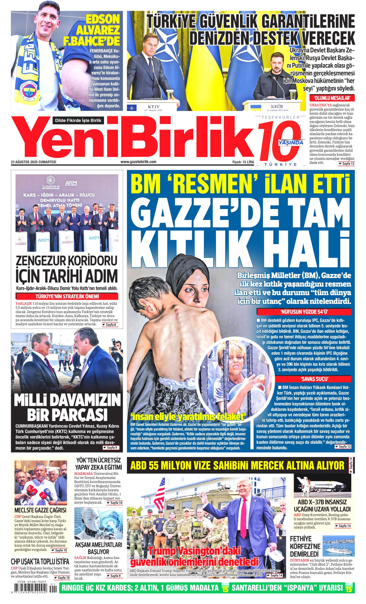 YENİBİRLİK gazetesinin 23 Ağustos 2025 tarihli birinci sayfası