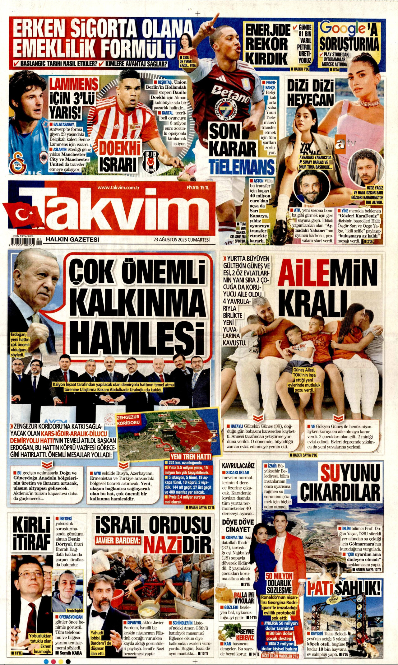 TAKVİM gazetesinin 23 Ağustos 2025 tarihli birinci sayfası