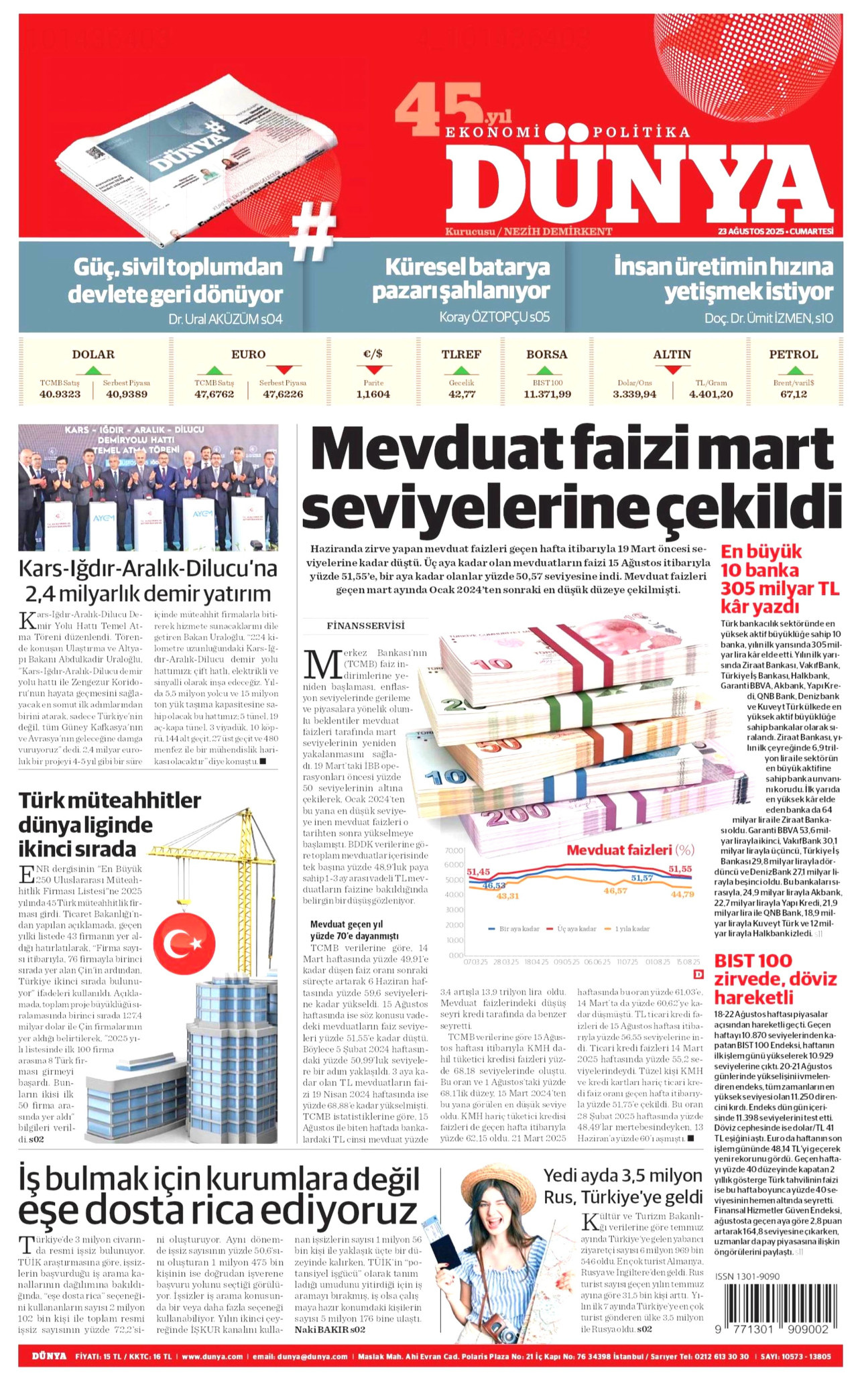 DÜNYA gazetesinin 23 Ağustos 2025 tarihli birinci sayfası