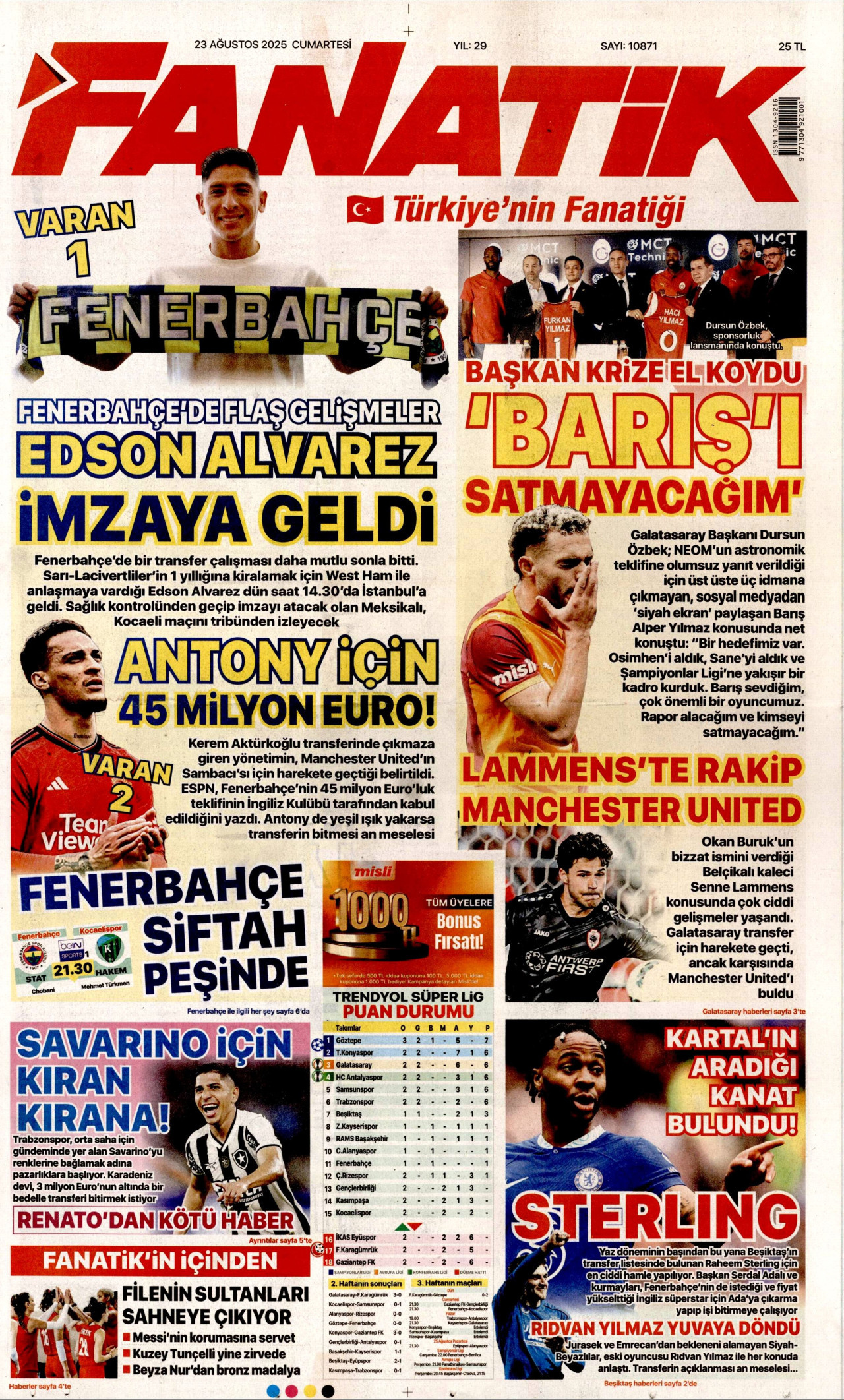 FANATİK gazetesinin 23 Ağustos 2025 tarihli birinci sayfası