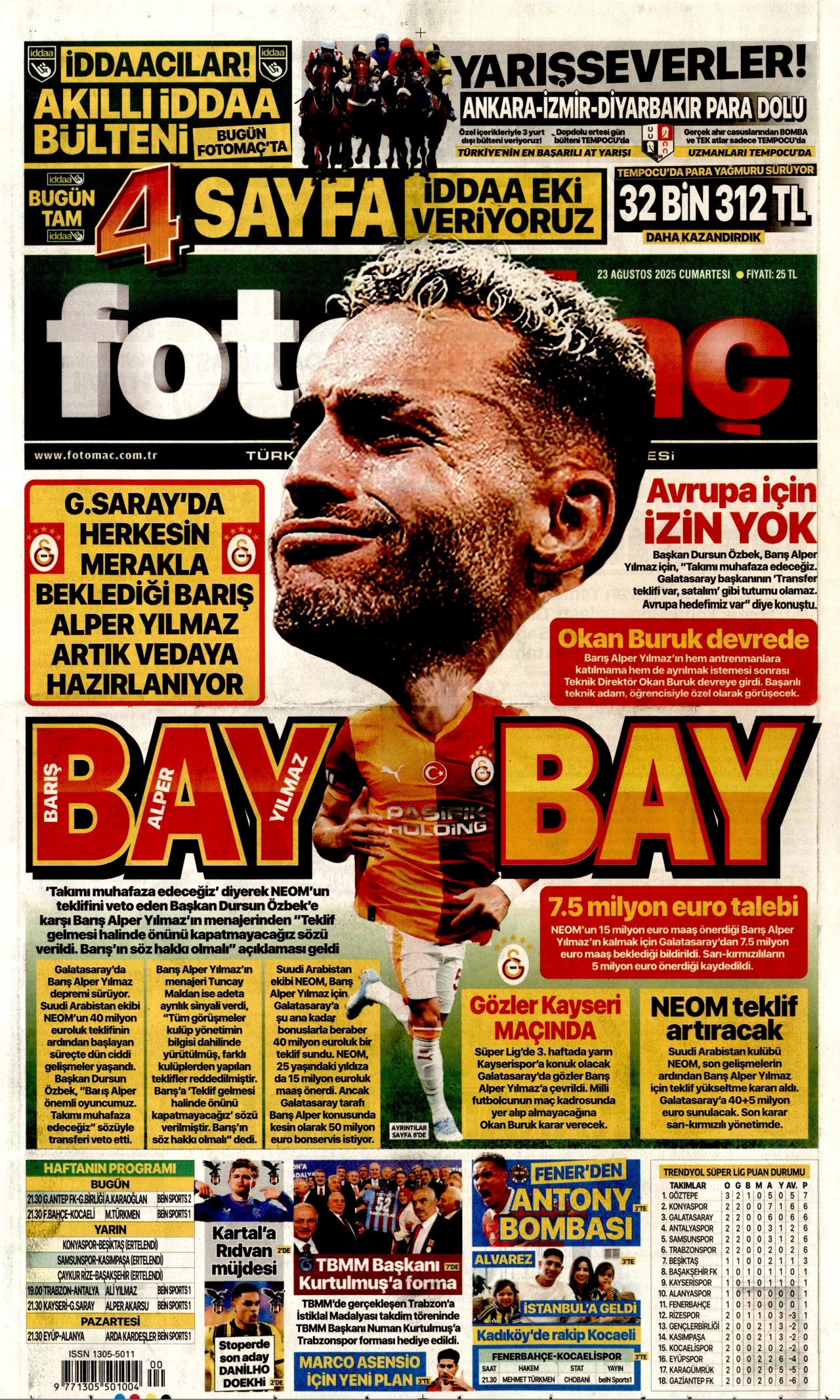 FOTOMAÇ gazetesinin 23 Ağustos 2025 tarihli birinci sayfası