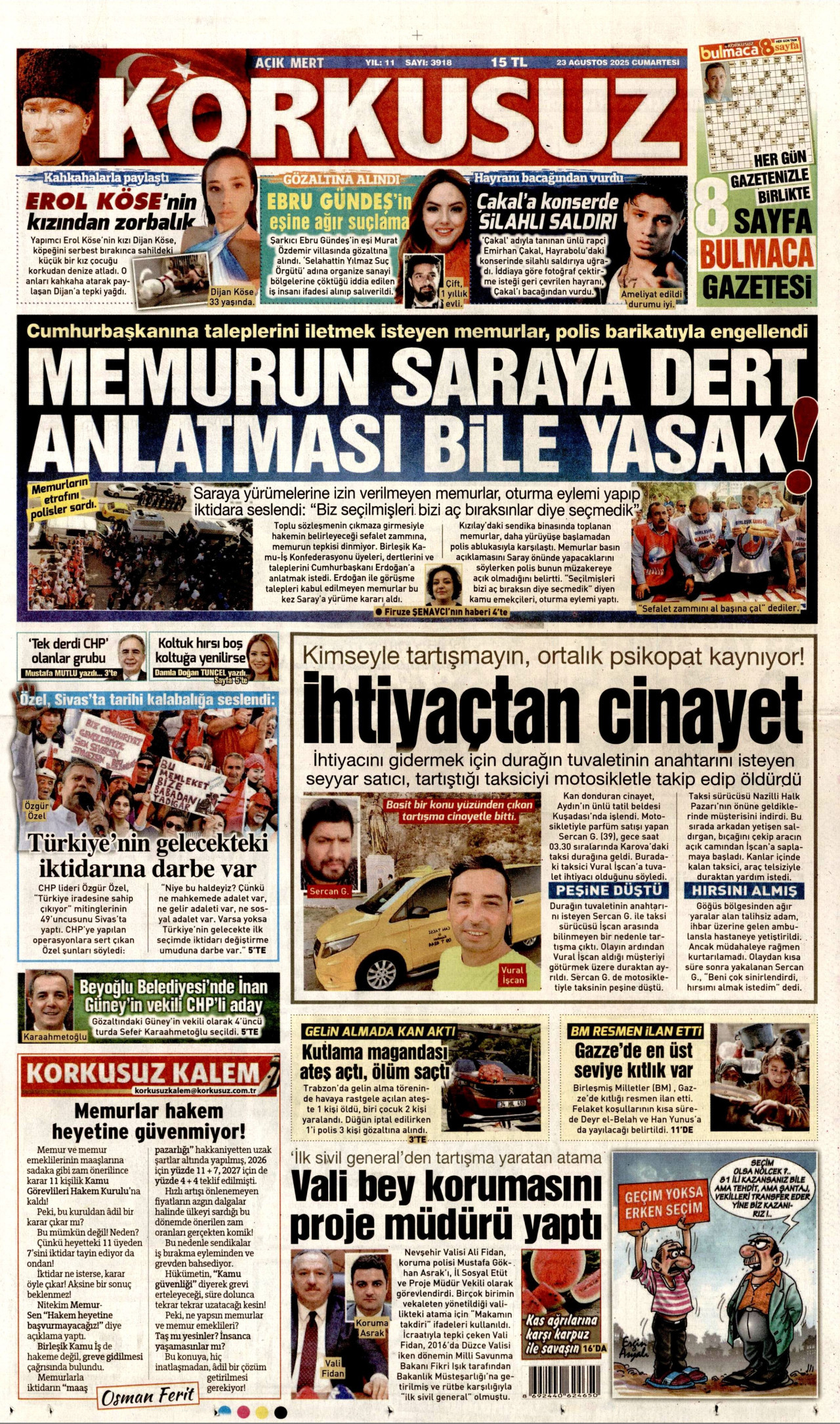 KORKUSUZ gazetesinin 23 Ağustos 2025 tarihli birinci sayfası