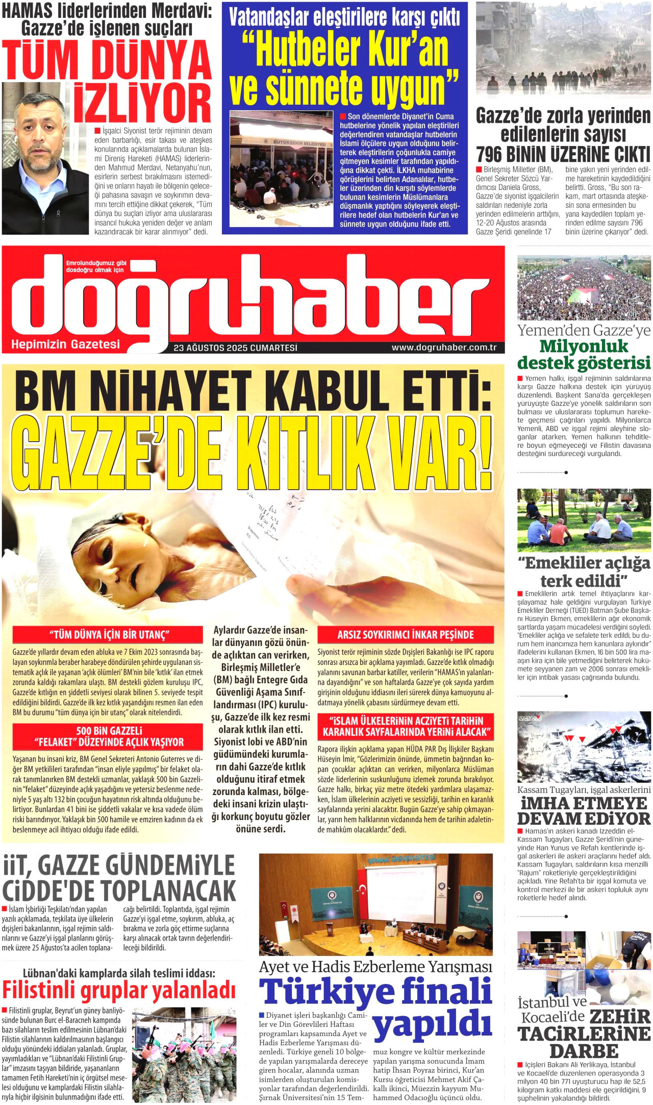 DOĞRU HABER gazetesinin 23 Ağustos 2025 tarihli birinci sayfası