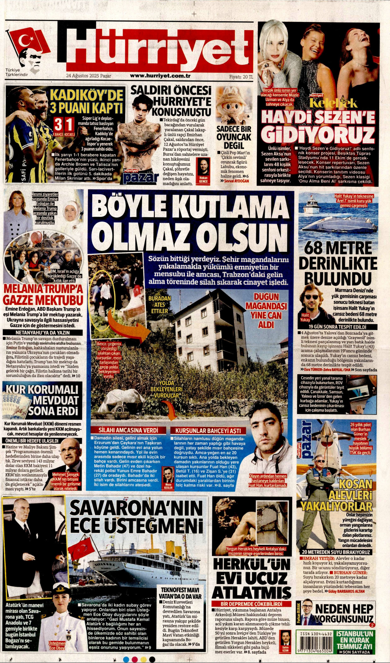 HÜRRİYET gazetesinin 24 Ağustos 2025 tarihli birinci sayfası
