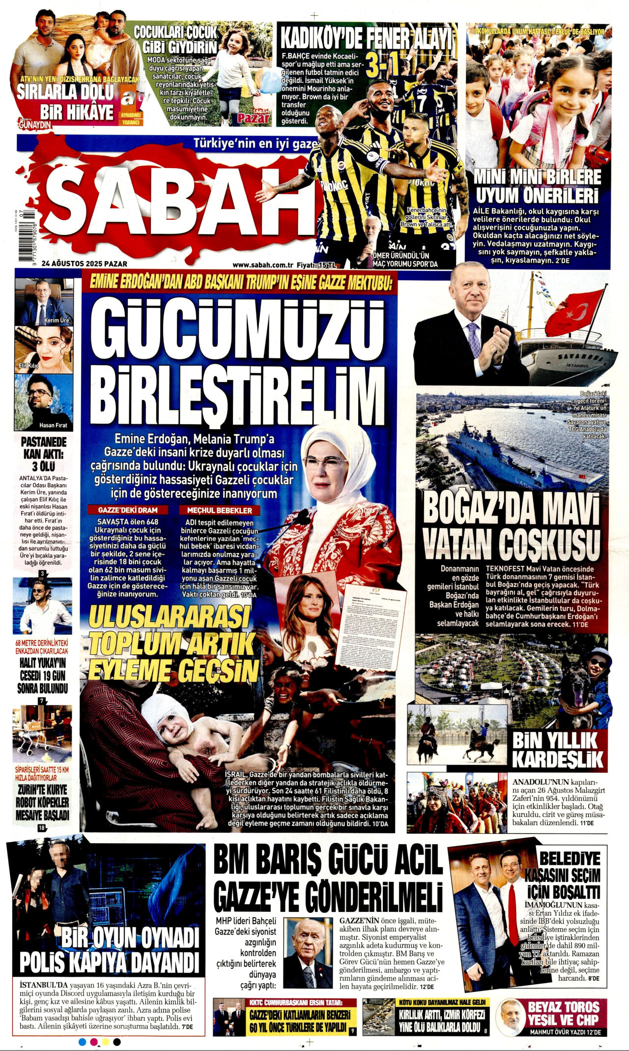SABAH gazetesinin 24 Ağustos 2025 tarihli birinci sayfası