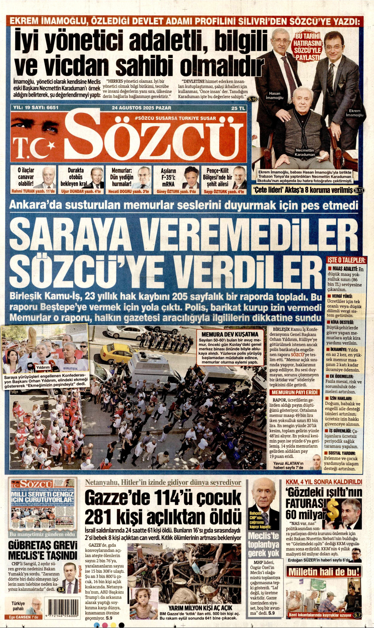SÖZCÜ gazetesinin 24 Ağustos 2025 tarihli birinci sayfası