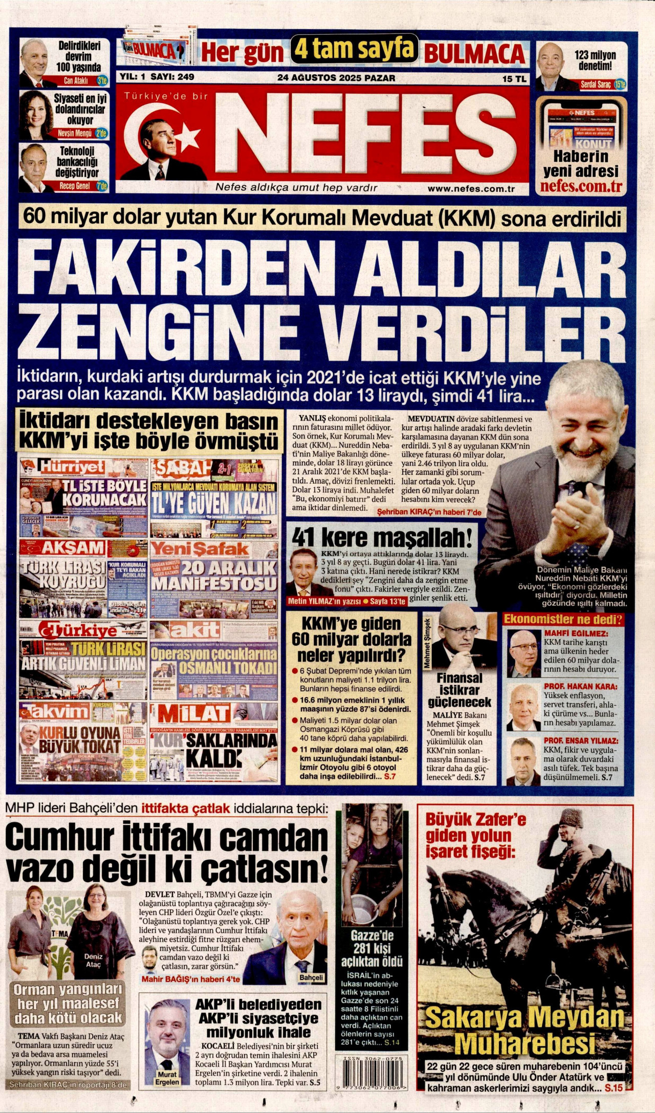 NEFES gazetesinin 24 Ağustos 2025 tarihli birinci sayfası