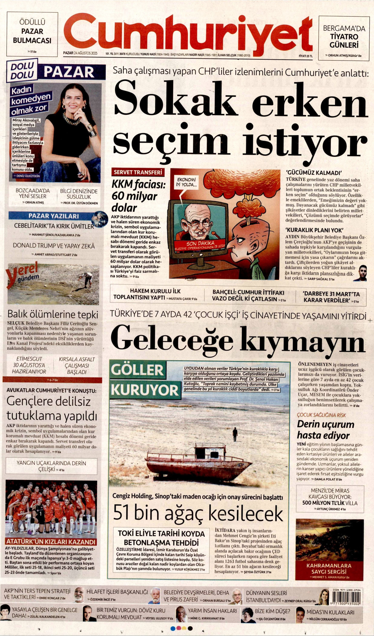 CUMHURİYET gazetesinin 24 Ağustos 2025 tarihli birinci sayfası