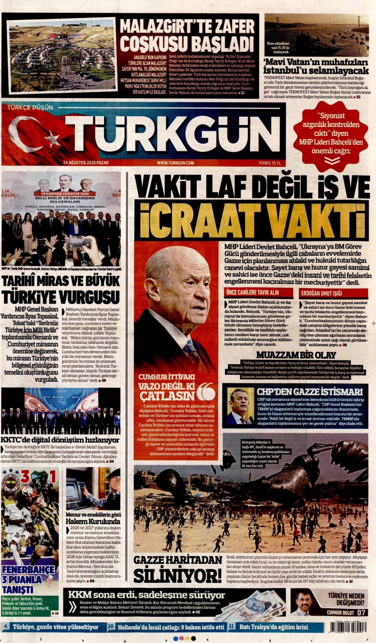TÜRKGÜN gazetesinin 24 Ağustos 2025 tarihli birinci sayfası