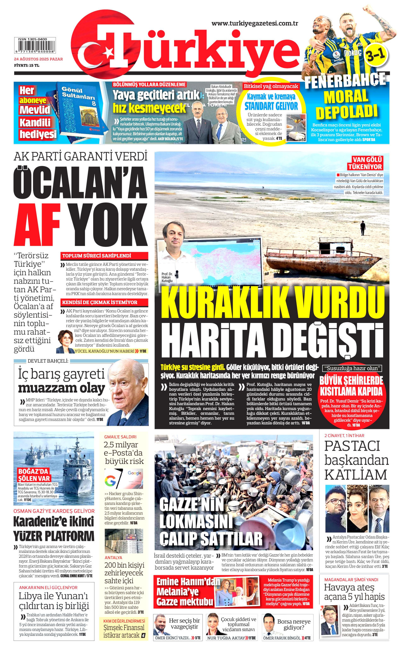 TÜRKİYE GAZETESİ gazetesinin 24 Ağustos 2025 tarihli birinci sayfası