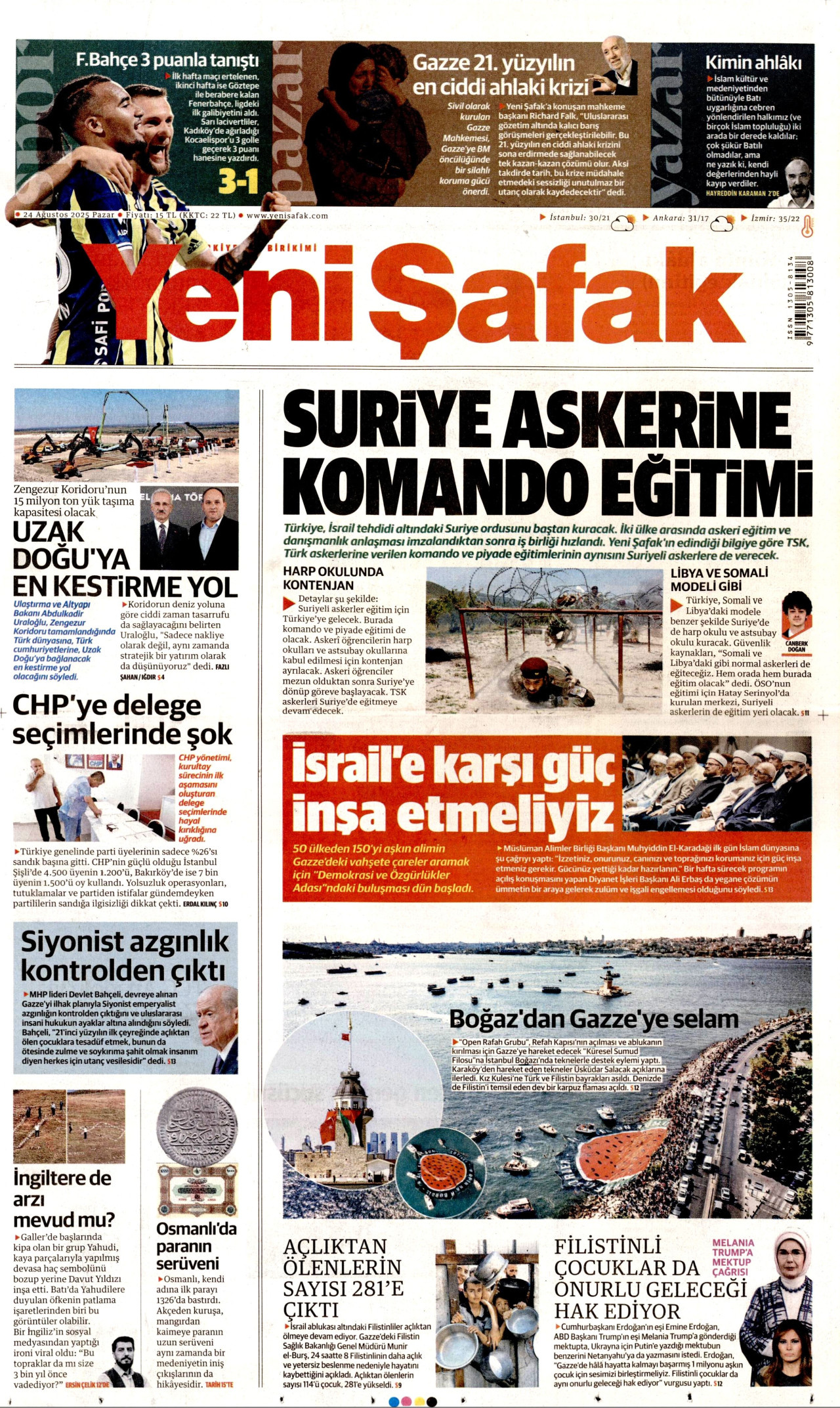 YENİ ŞAFAK gazetesinin 24 Ağustos 2025 tarihli birinci sayfası