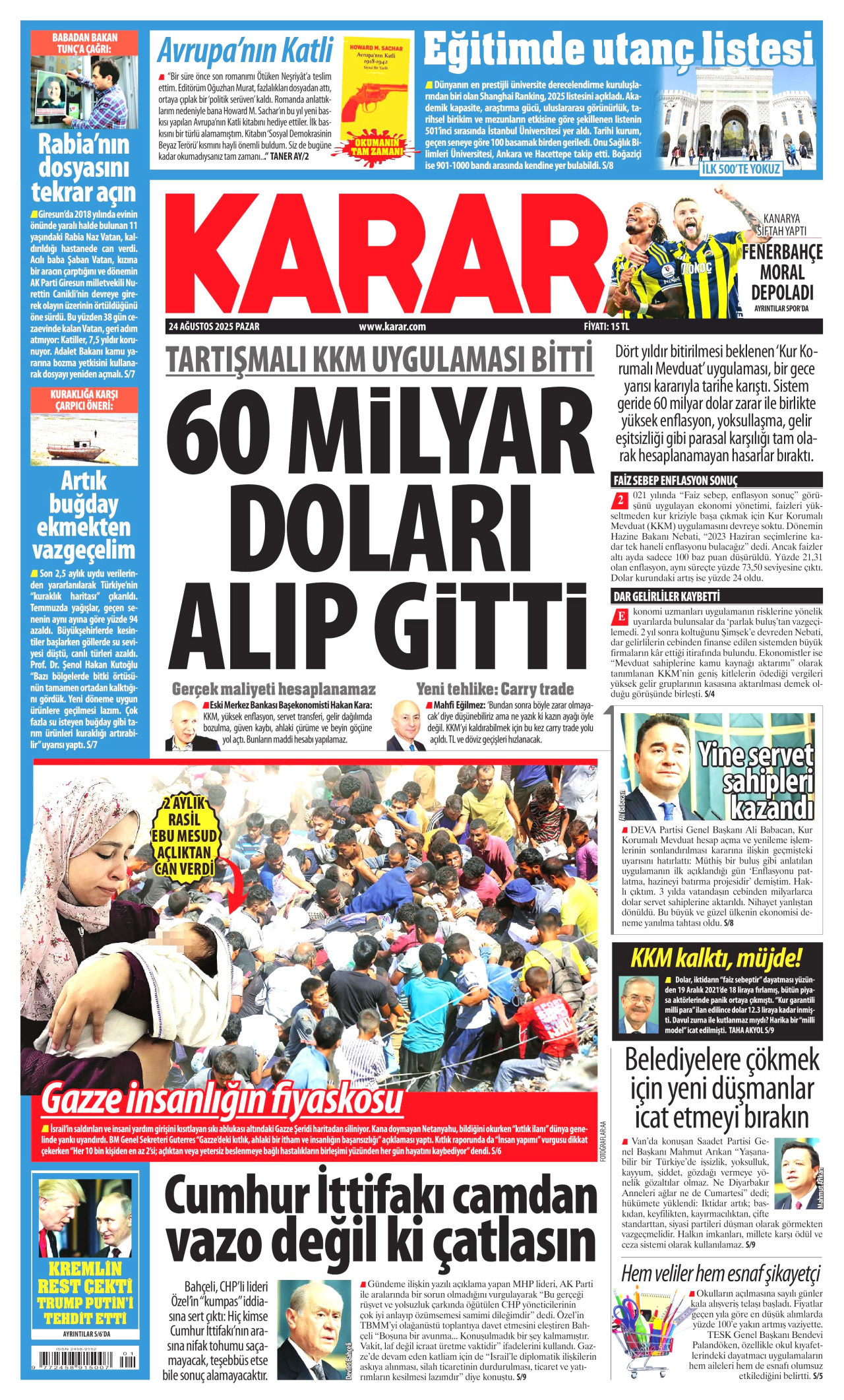 KARAR gazetesinin 24 Ağustos 2025 tarihli birinci sayfası
