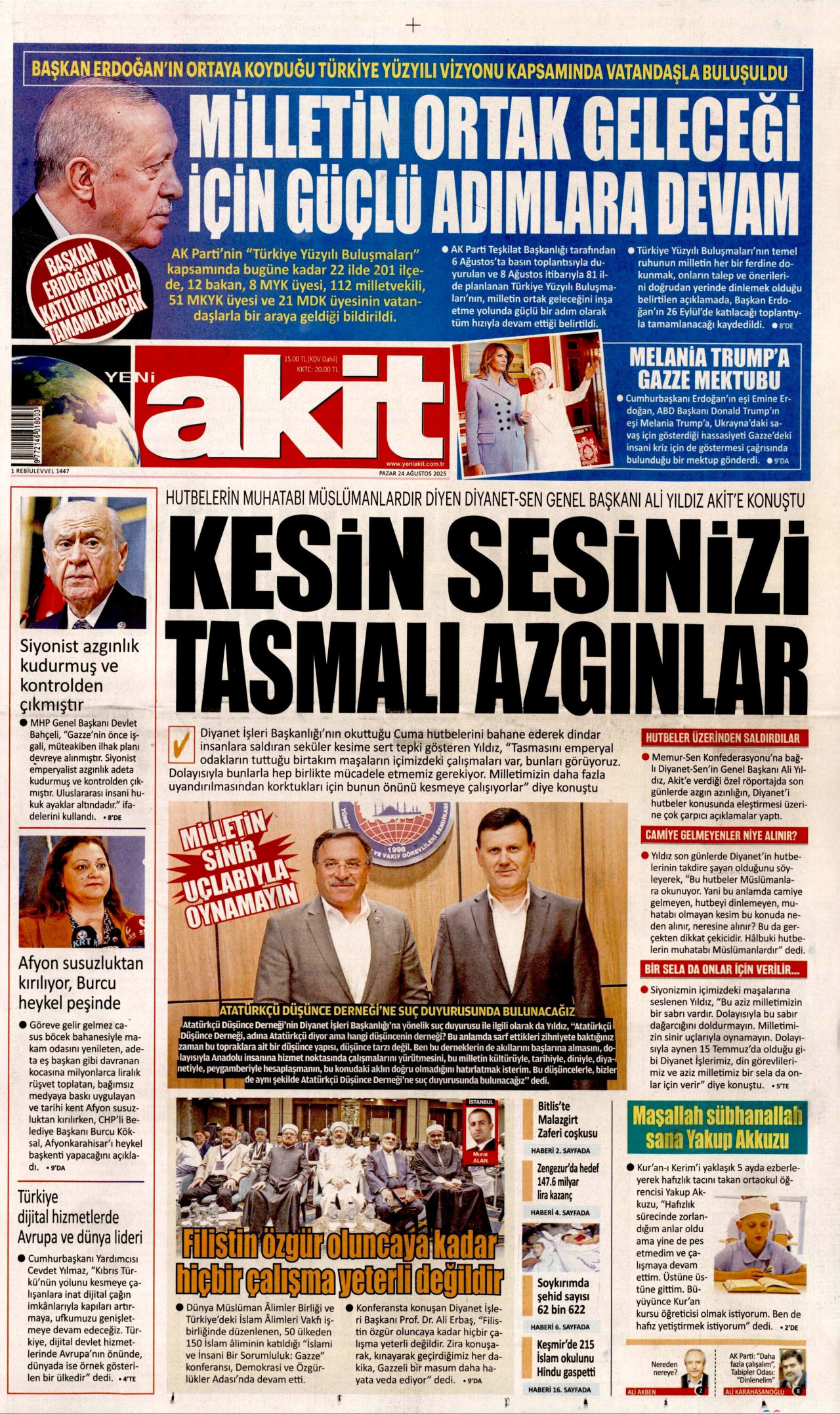YENİ AKİT gazetesinin 24 Ağustos 2025 tarihli birinci sayfası