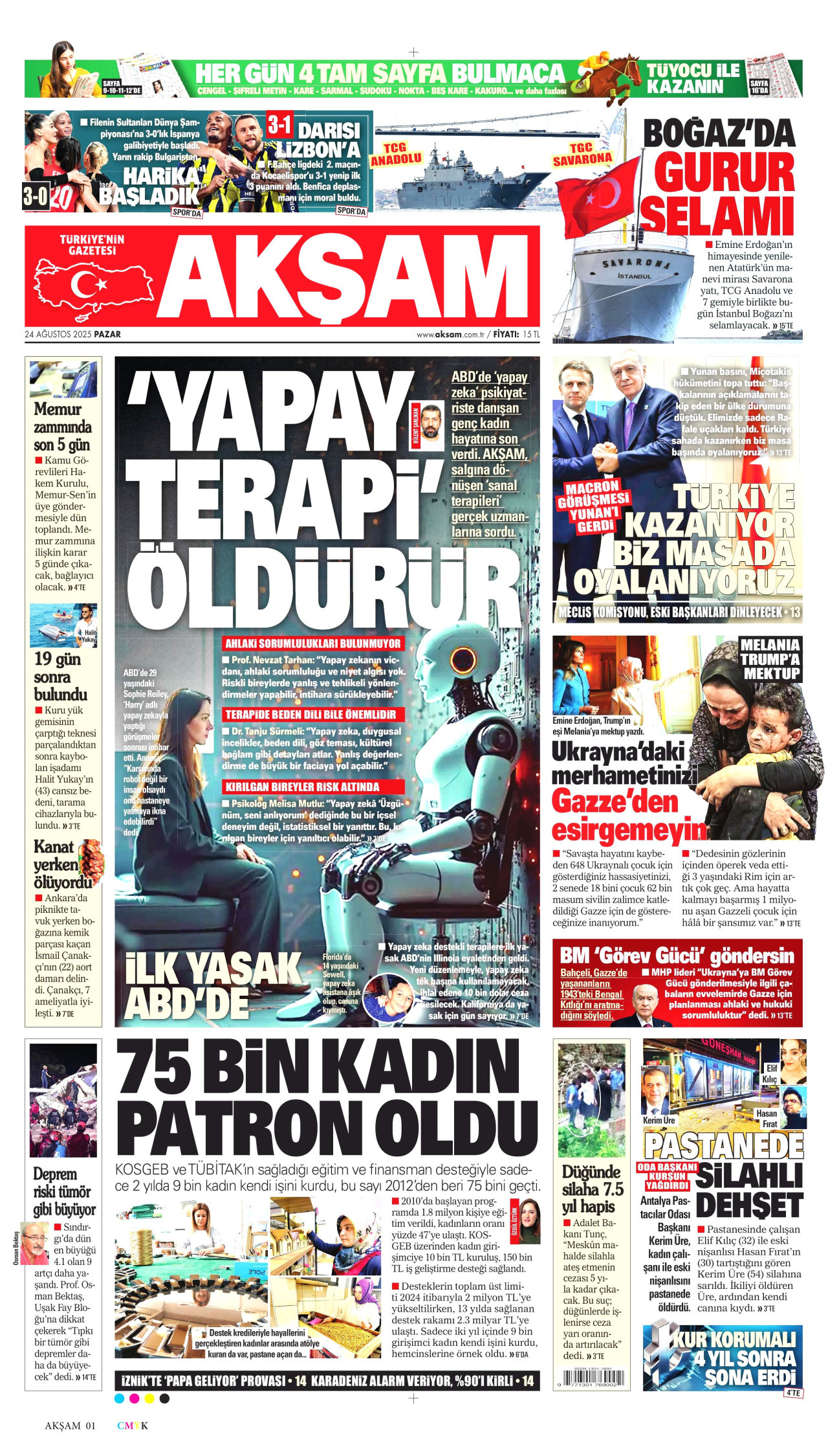 AKŞAM gazetesinin 24 Ağustos 2025 tarihli birinci sayfası