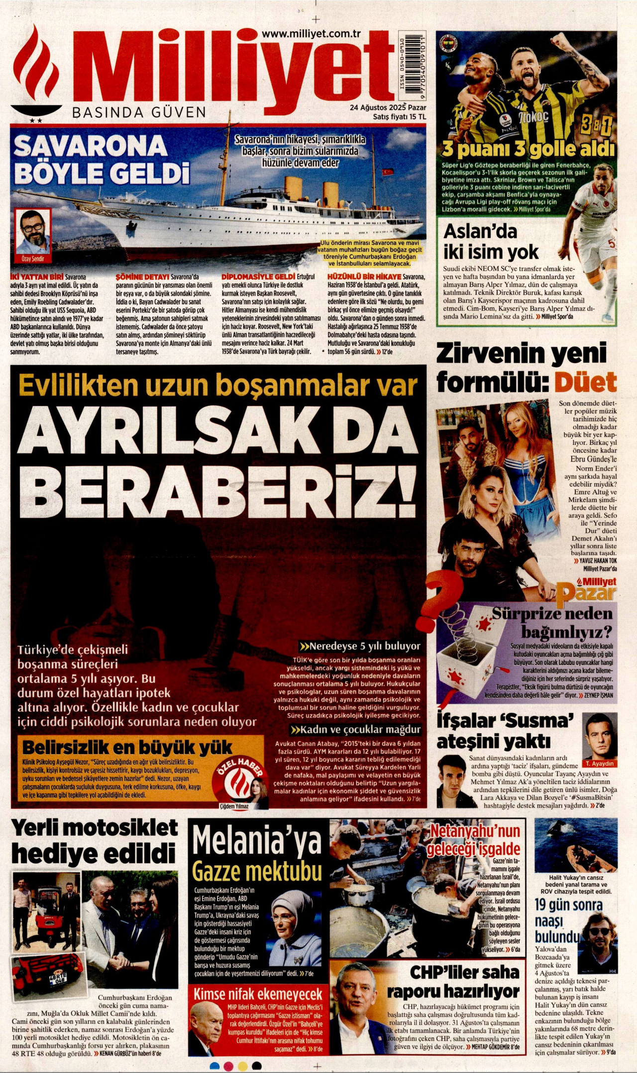 MİLLİYET gazetesinin 24 Ağustos 2025 tarihli birinci sayfası