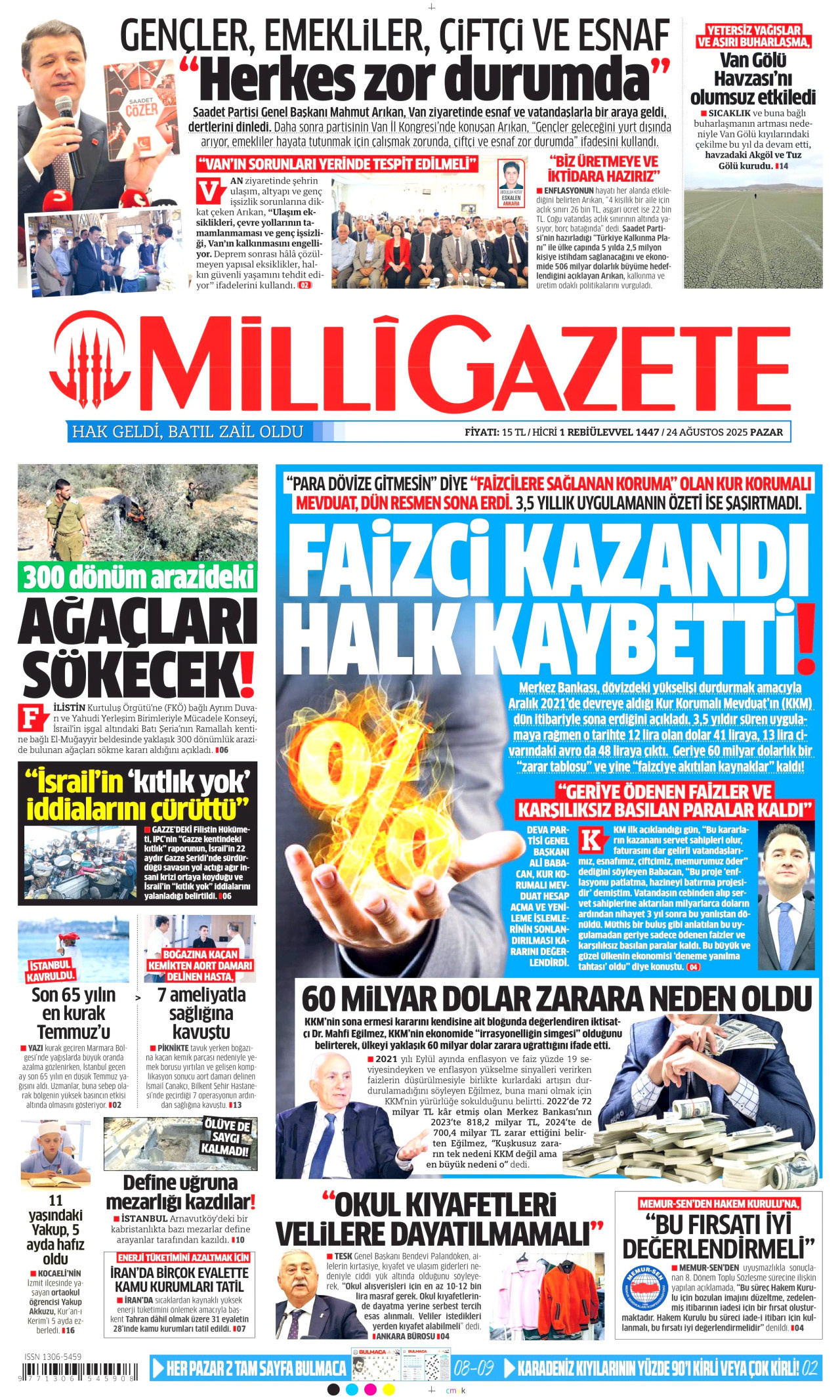 MİLLİ GAZETE gazetesinin 24 Ağustos 2025 tarihli birinci sayfası