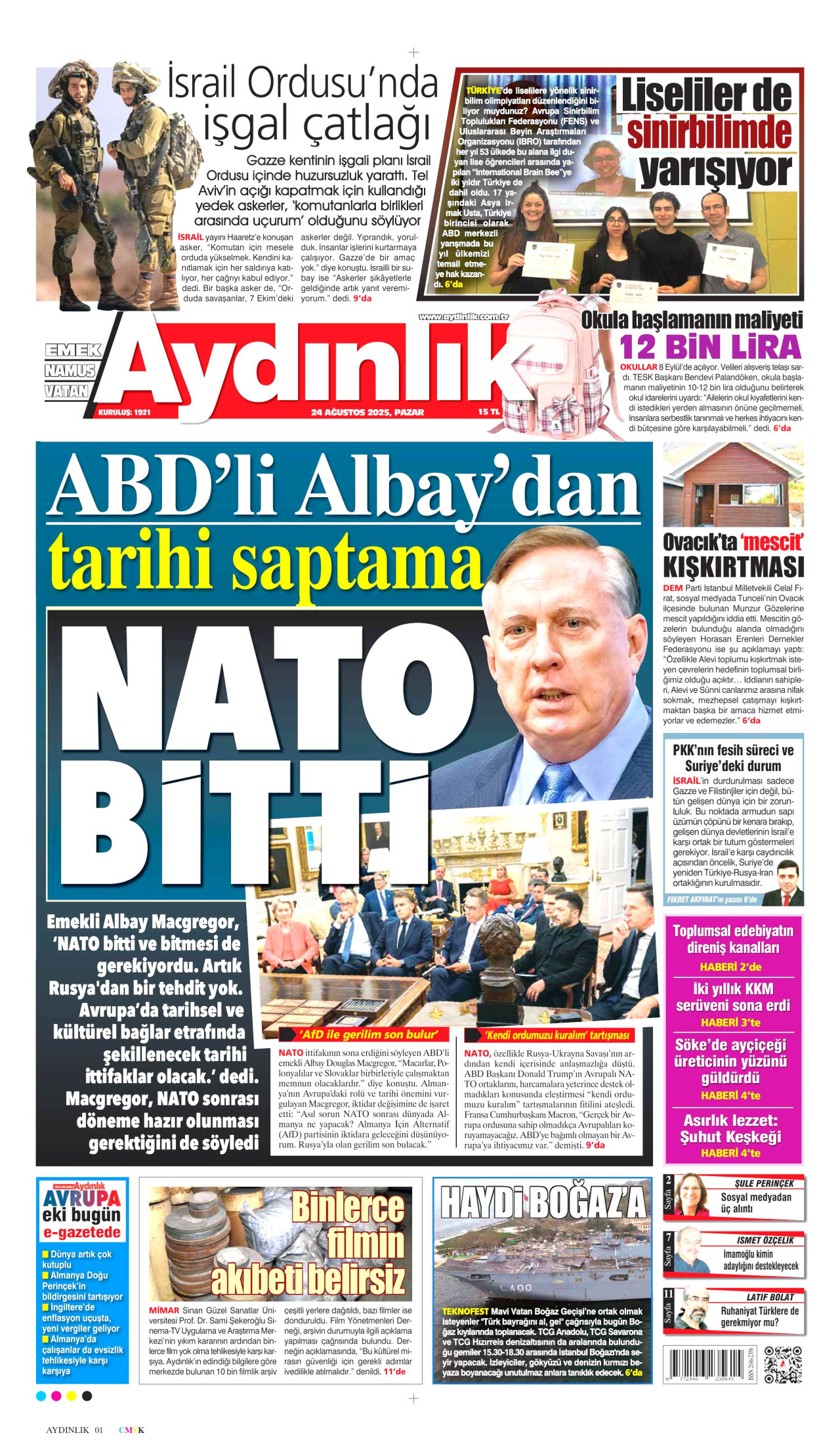 AYDINLIK GAZETESİ gazetesinin 24 Ağustos 2025 tarihli birinci sayfası