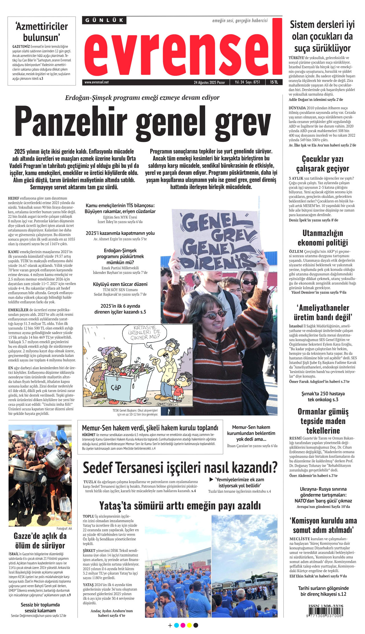 EVRENSEL gazetesinin 24 Ağustos 2025 tarihli birinci sayfası
