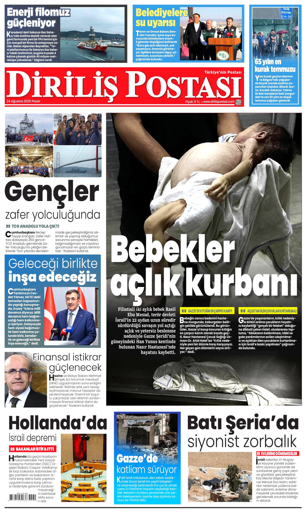 DİRİLİŞ POSTASI gazetesinin 24 Ağustos 2025 tarihli birinci sayfası