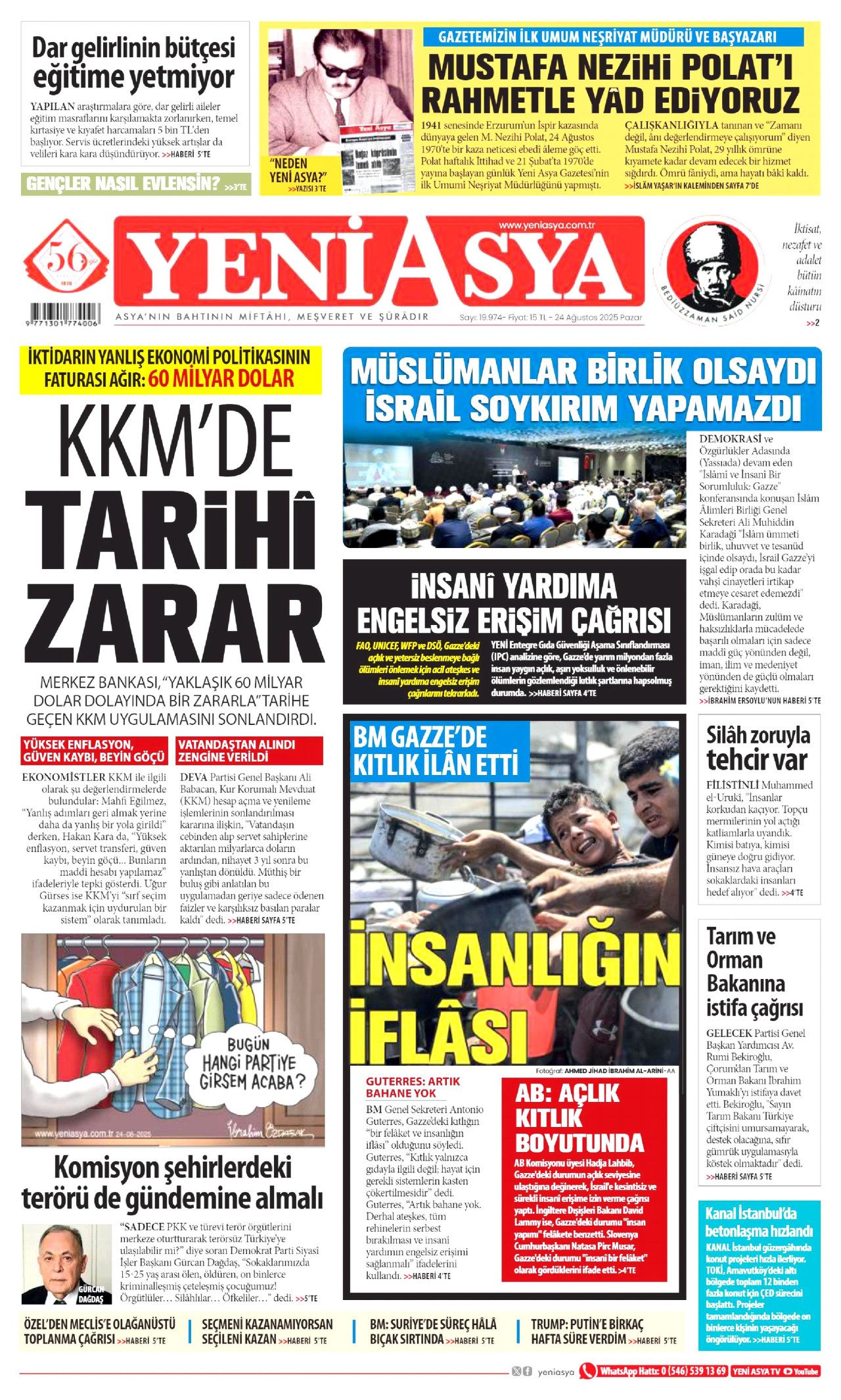YENİ ASYA gazetesinin 24 Ağustos 2025 tarihli birinci sayfası