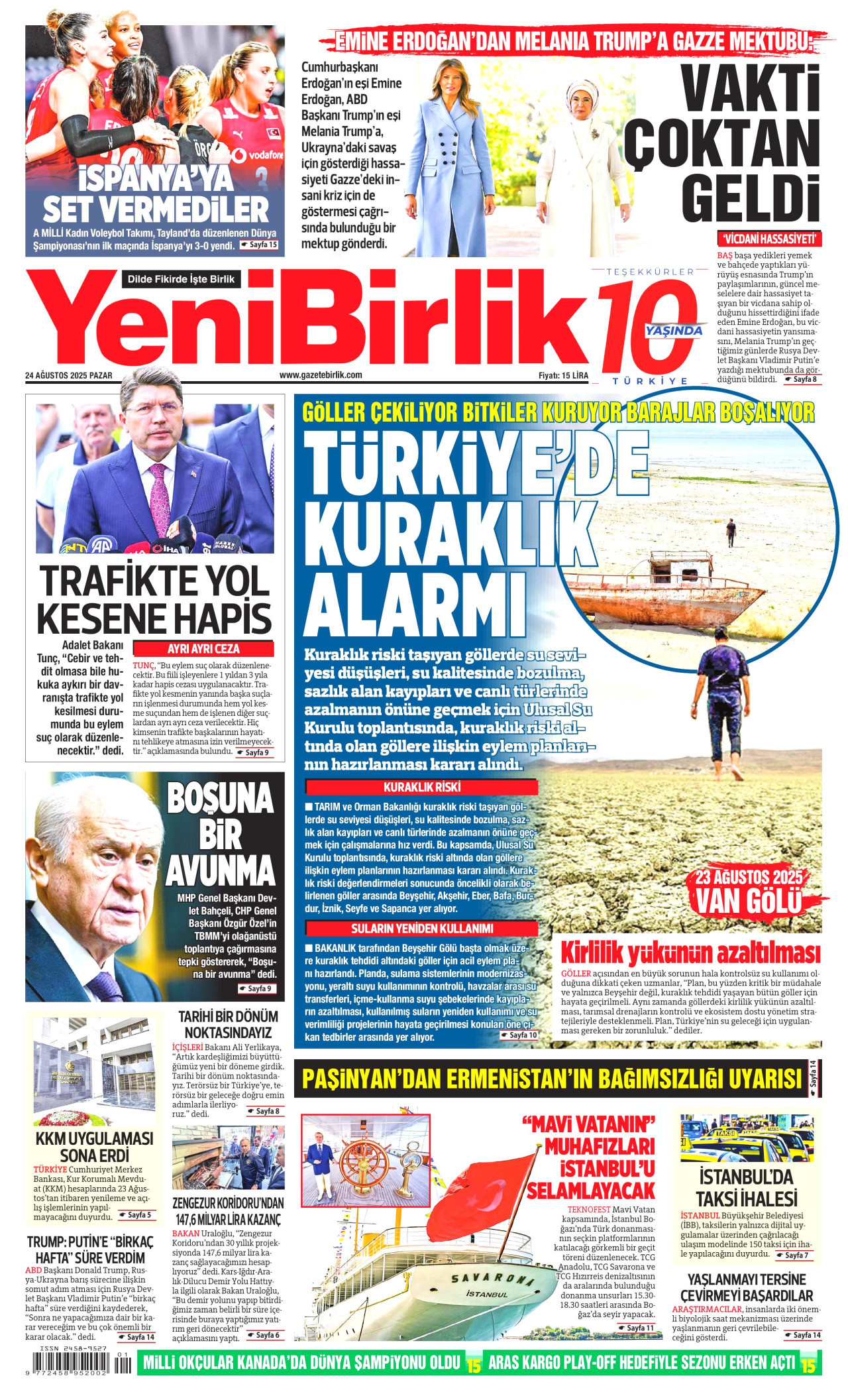 YENİBİRLİK gazetesinin 24 Ağustos 2025 tarihli birinci sayfası