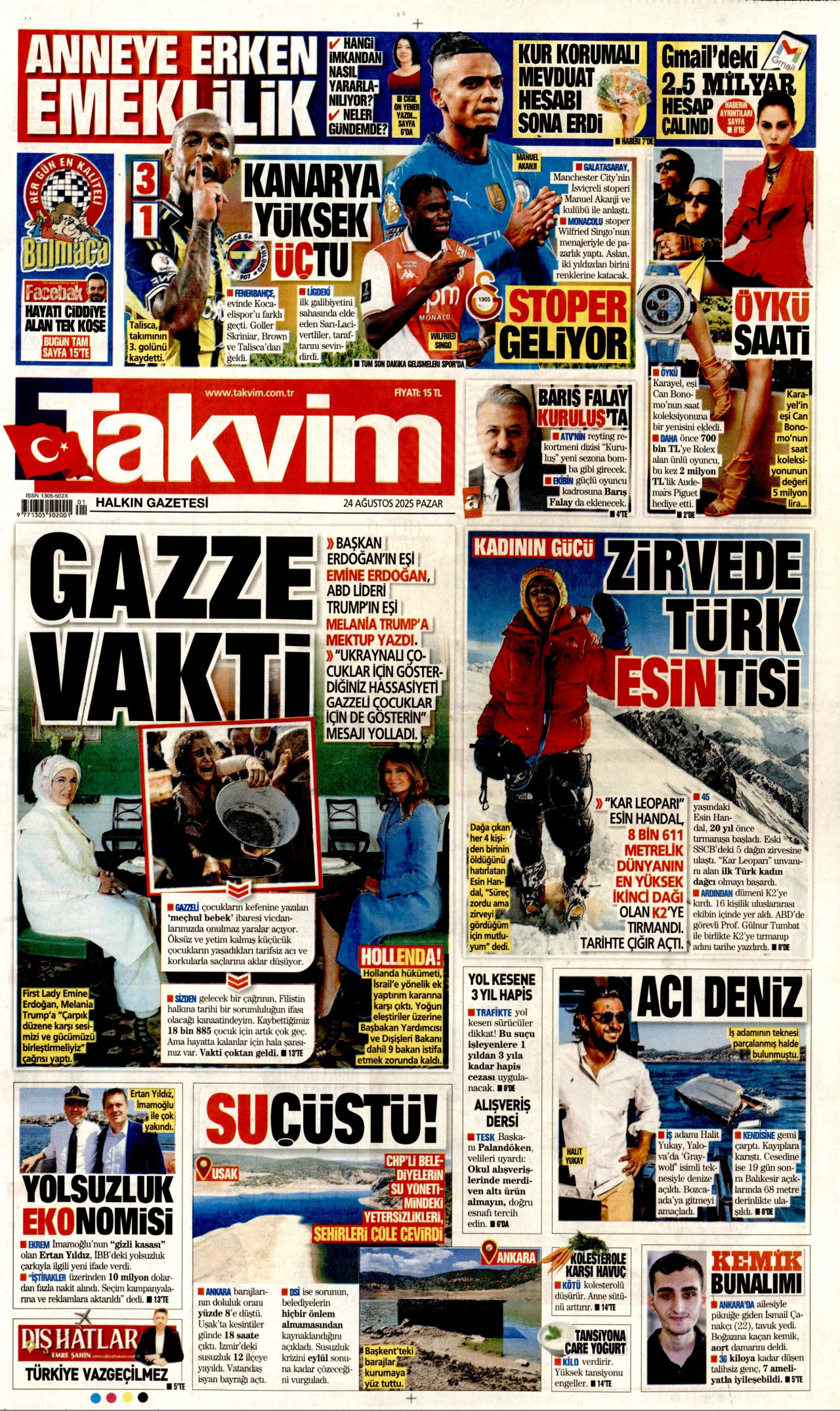 TAKVİM gazetesinin 24 Ağustos 2025 tarihli birinci sayfası
