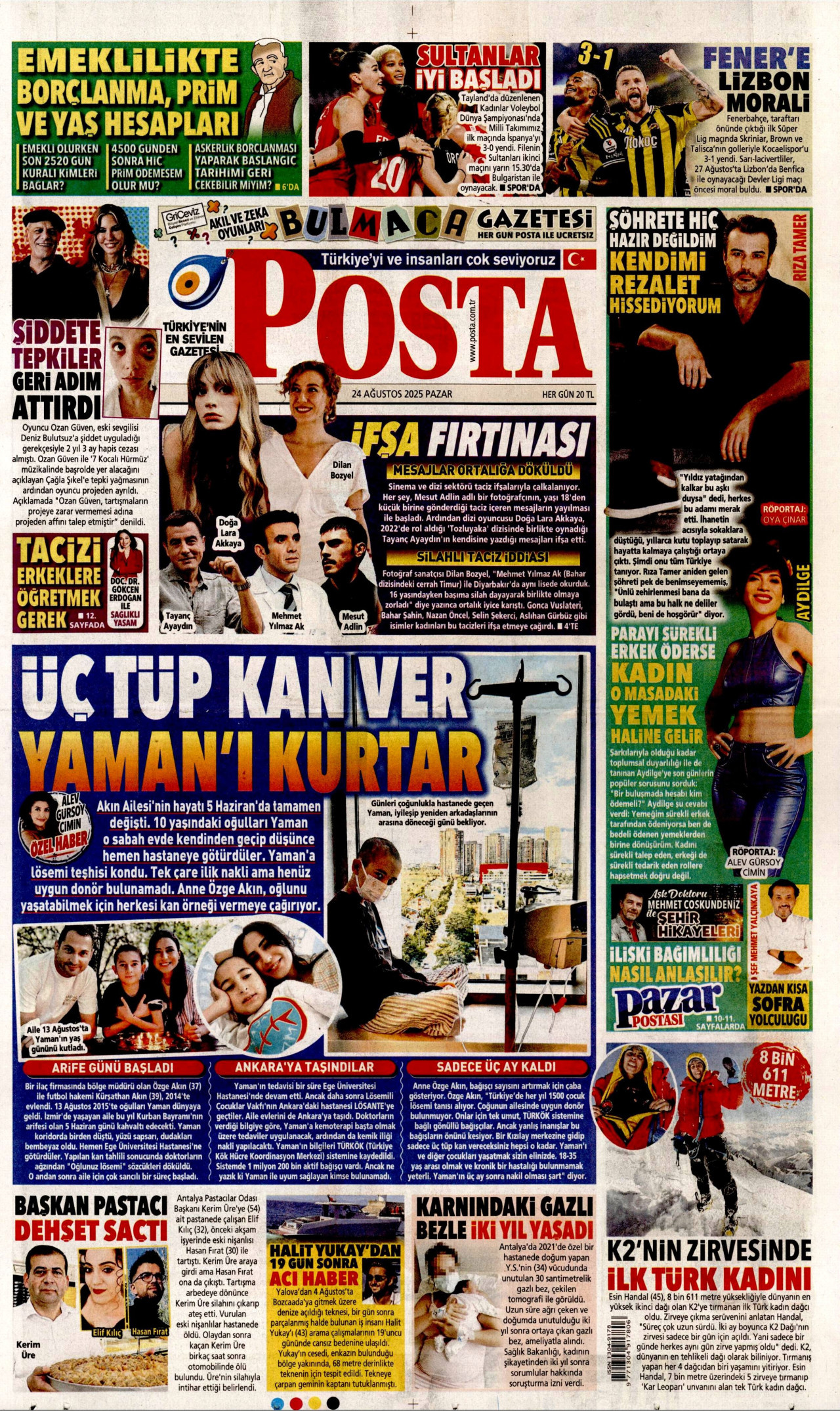 POSTA gazetesinin 24 Ağustos 2025 tarihli birinci sayfası