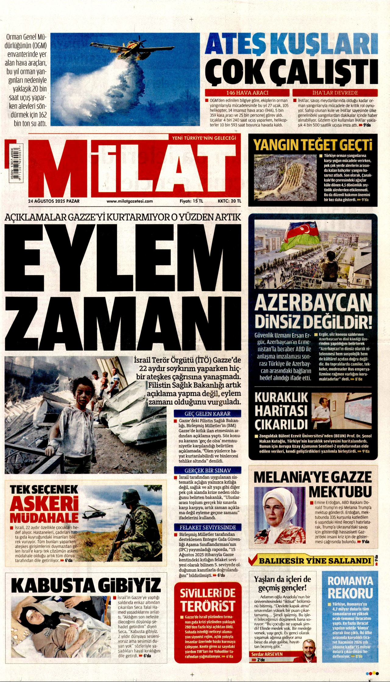 MİLAT gazetesinin 24 Ağustos 2025 tarihli birinci sayfası