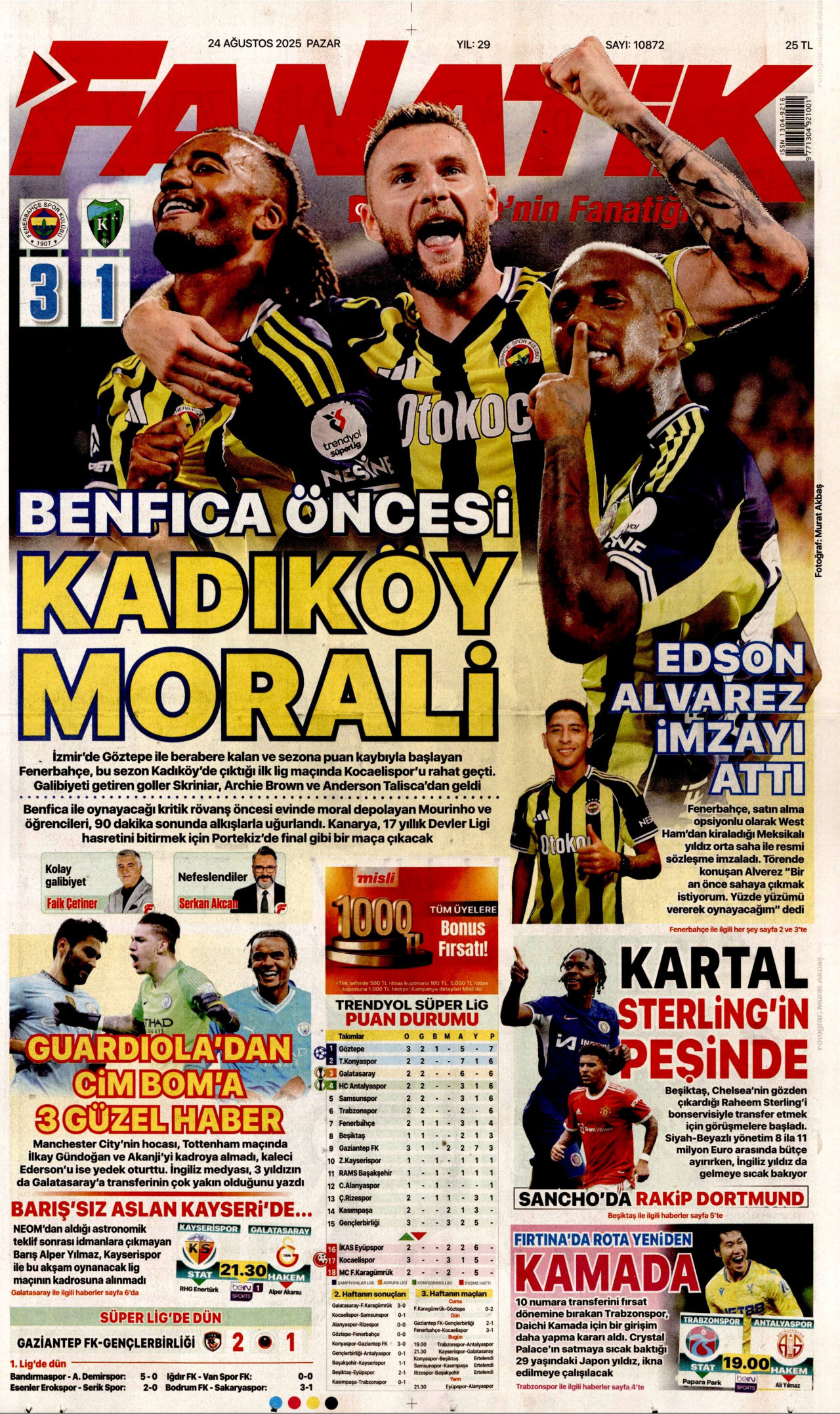 FANATİK gazetesinin 24 Ağustos 2025 tarihli birinci sayfası
