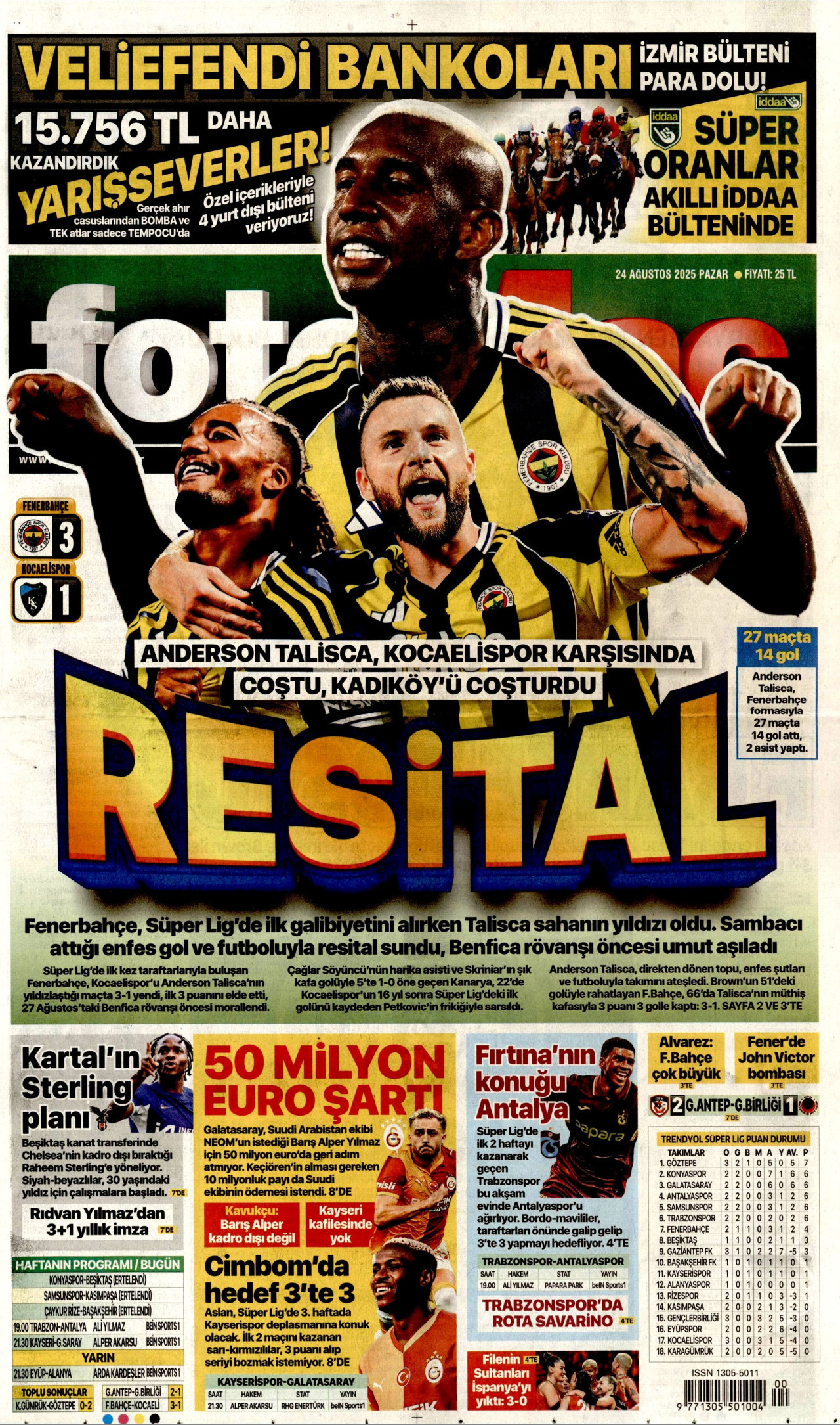 FOTOMAÇ gazetesinin 24 Ağustos 2025 tarihli birinci sayfası