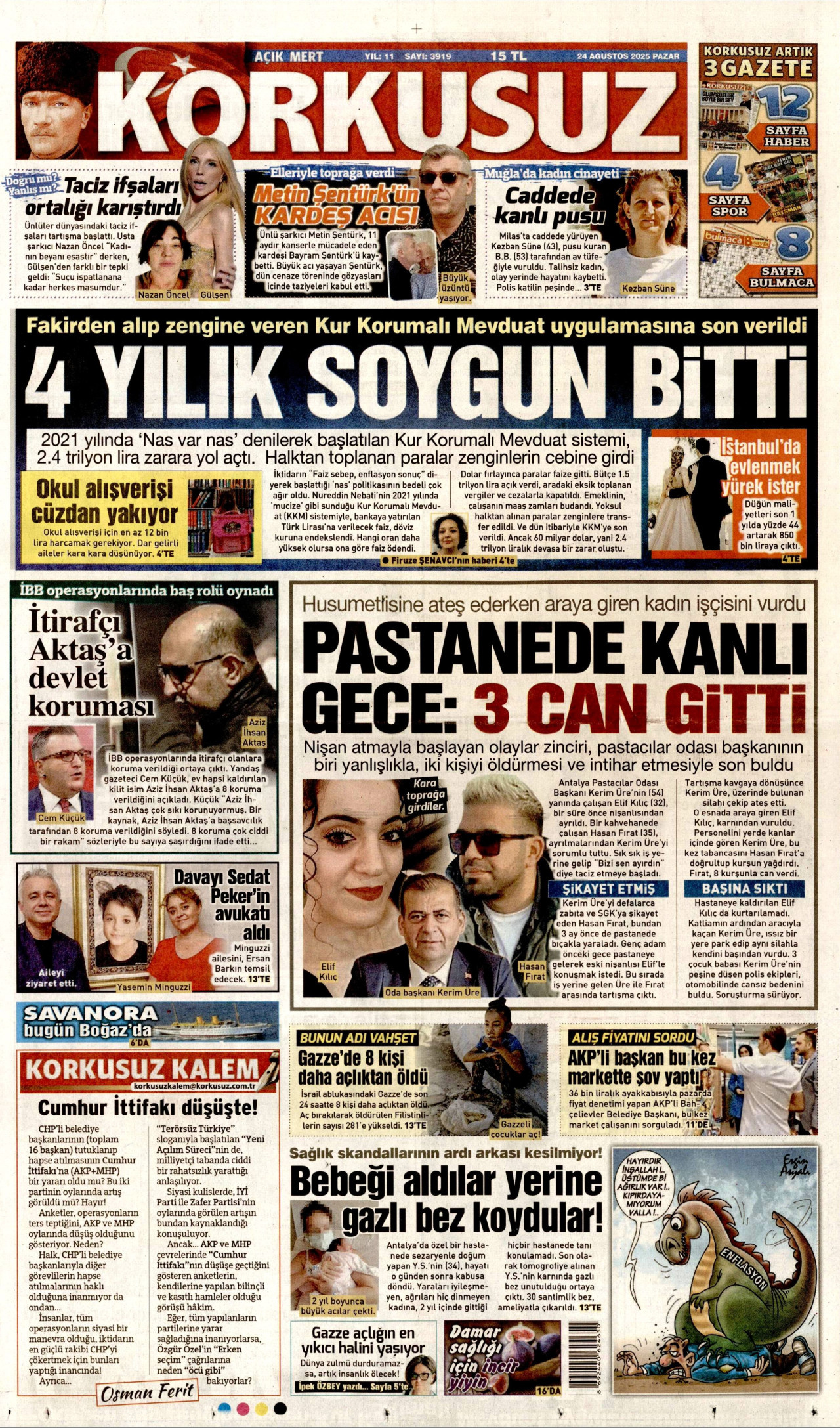 KORKUSUZ gazetesinin 24 Ağustos 2025 tarihli birinci sayfası