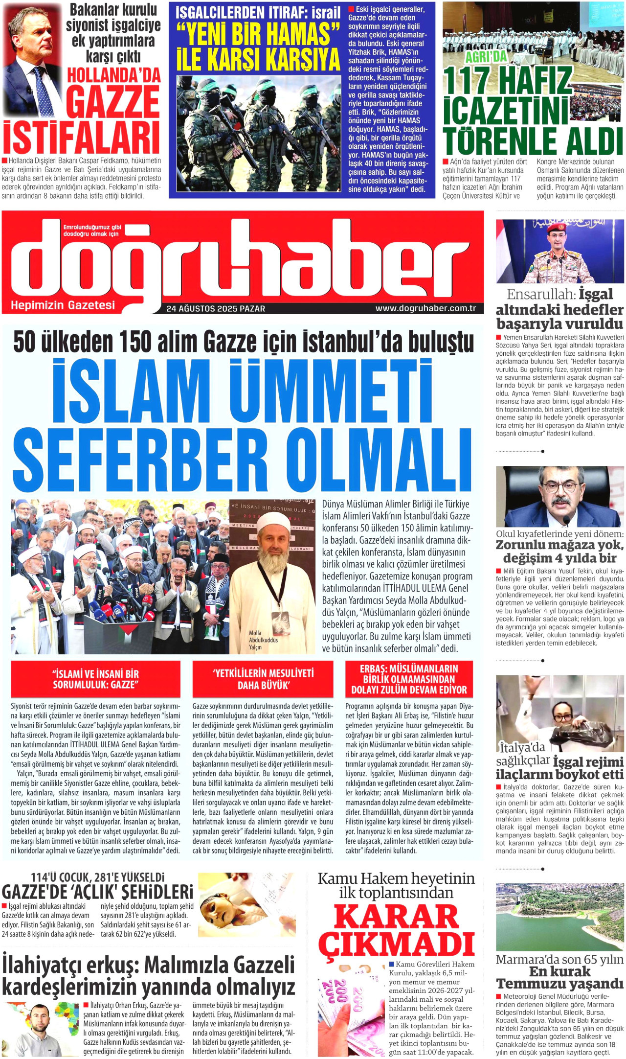 DOĞRU HABER gazetesinin 24 Ağustos 2025 tarihli birinci sayfası