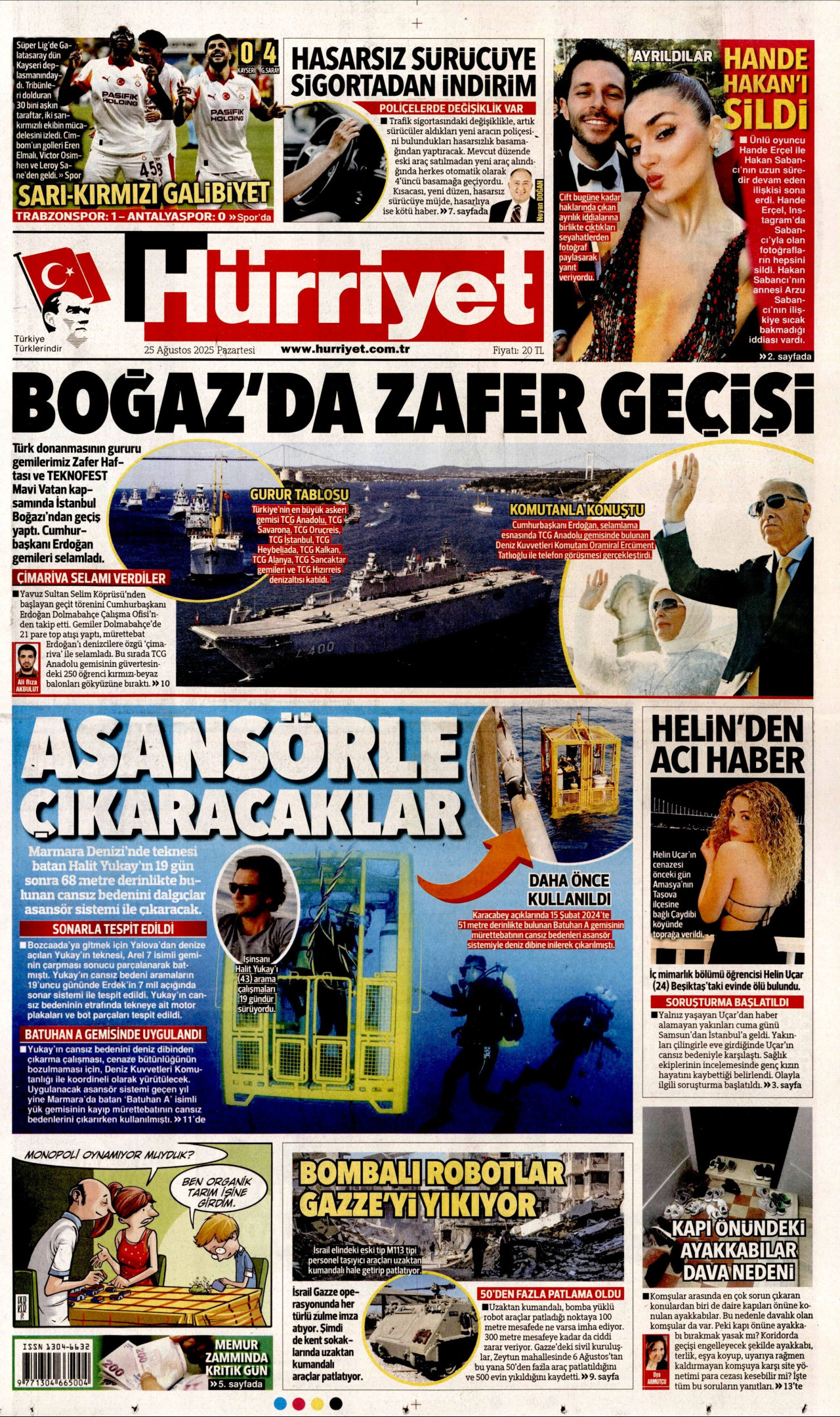 HÜRRİYET gazetesinin 25 Ağustos 2025 tarihli birinci sayfası