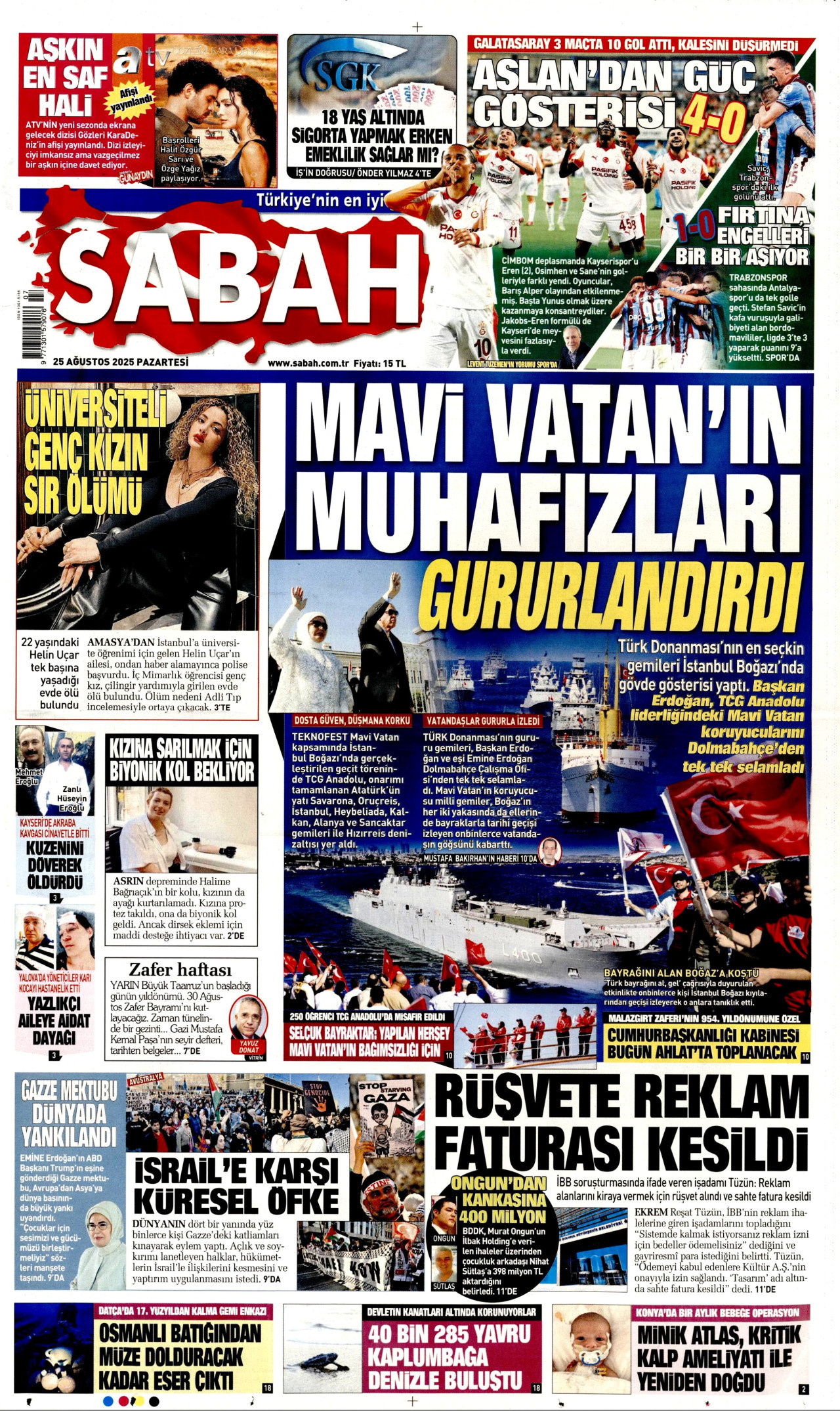 SABAH gazetesinin 25 Ağustos 2025 tarihli birinci sayfası
