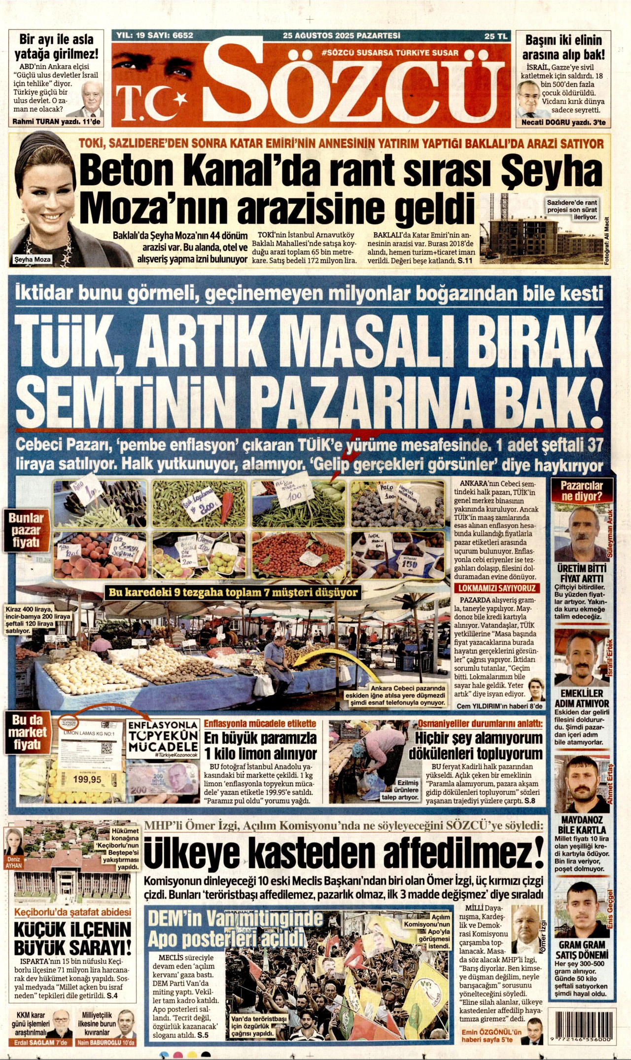 SÖZCÜ gazetesinin 25 Ağustos 2025 tarihli birinci sayfası