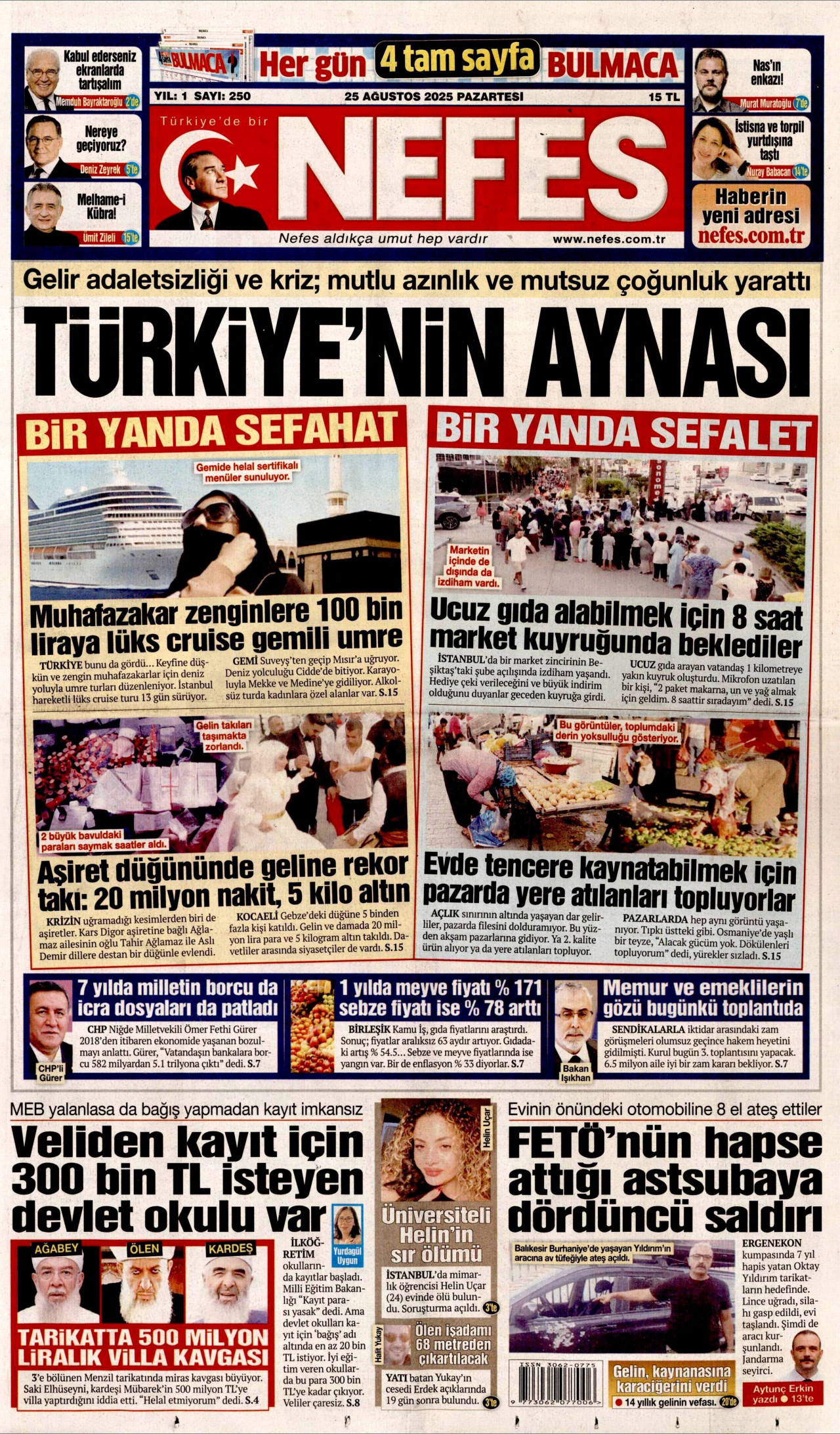 NEFES gazetesinin 25 Ağustos 2025 tarihli birinci sayfası
