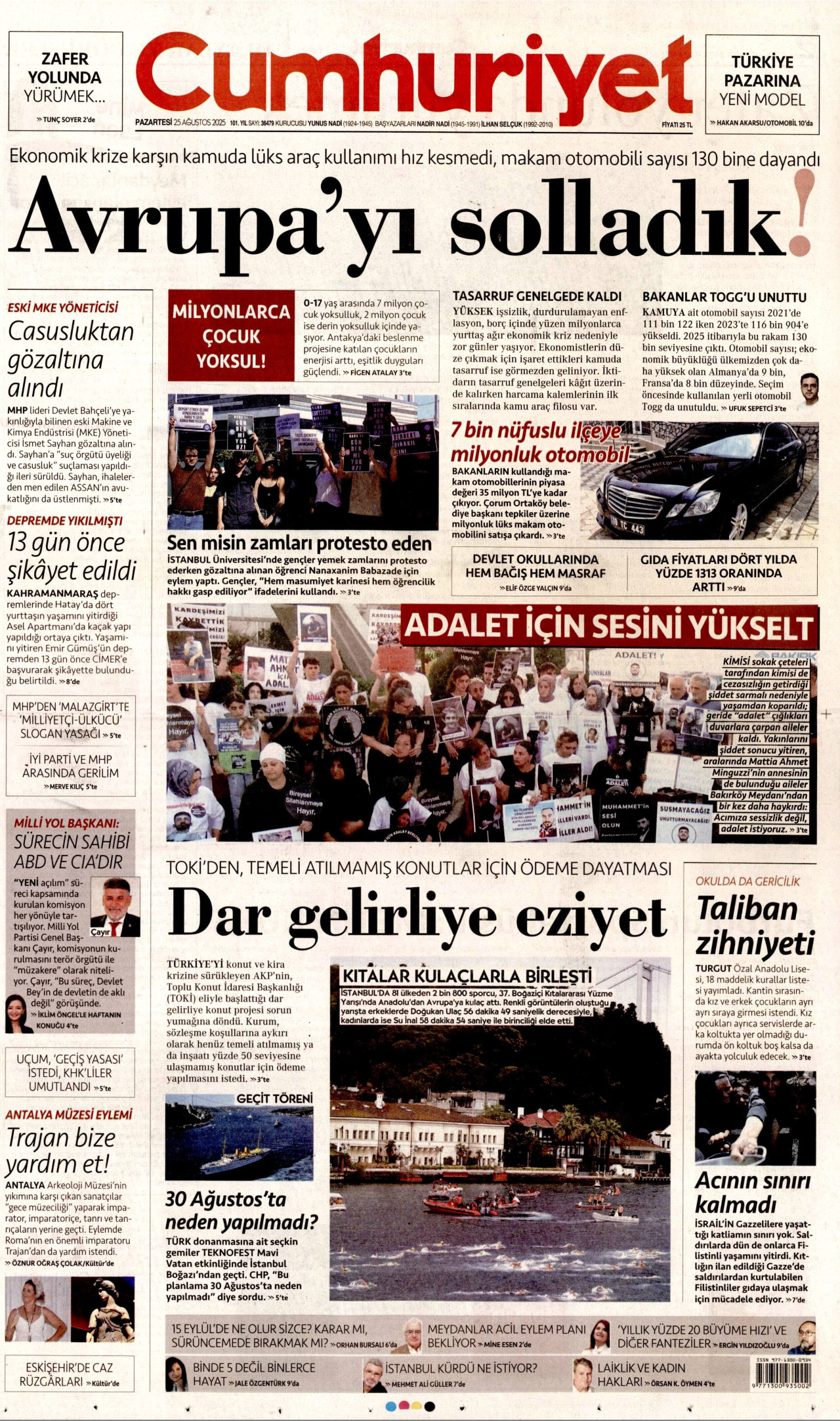 CUMHURİYET gazetesinin 25 Ağustos 2025 tarihli birinci sayfası