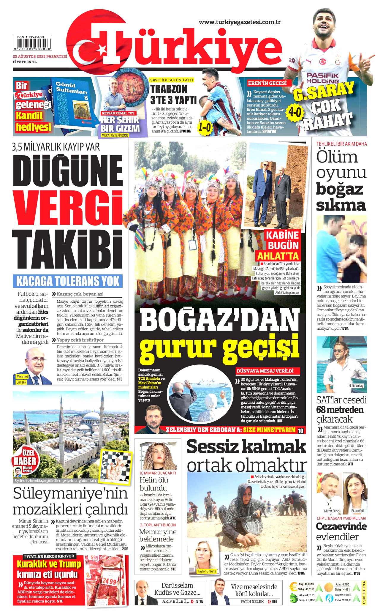 TÜRKİYE GAZETESİ gazetesinin 25 Ağustos 2025 tarihli birinci sayfası
